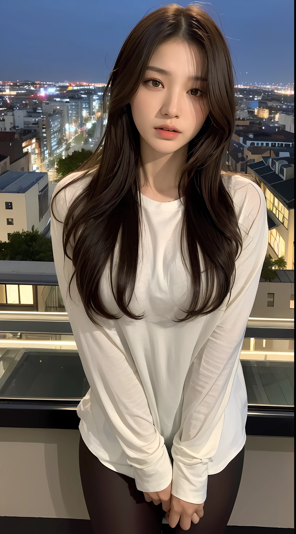 ((Excellent, 8K, Masterpiece:1.3)), Full body, Long legs, Focal length: 1.2, Perfect Body Beauty: 1.4, Slim Abs: 1.1, ((Dark brown layered hair, Big breasts: 1.2) ), (White skinny T-shirt, leggings, standing: 1.2), ((City Night View, Roof: 1.3)), Highly detailed face and skin texture, Fine eyes, Double eyelids, panties looming