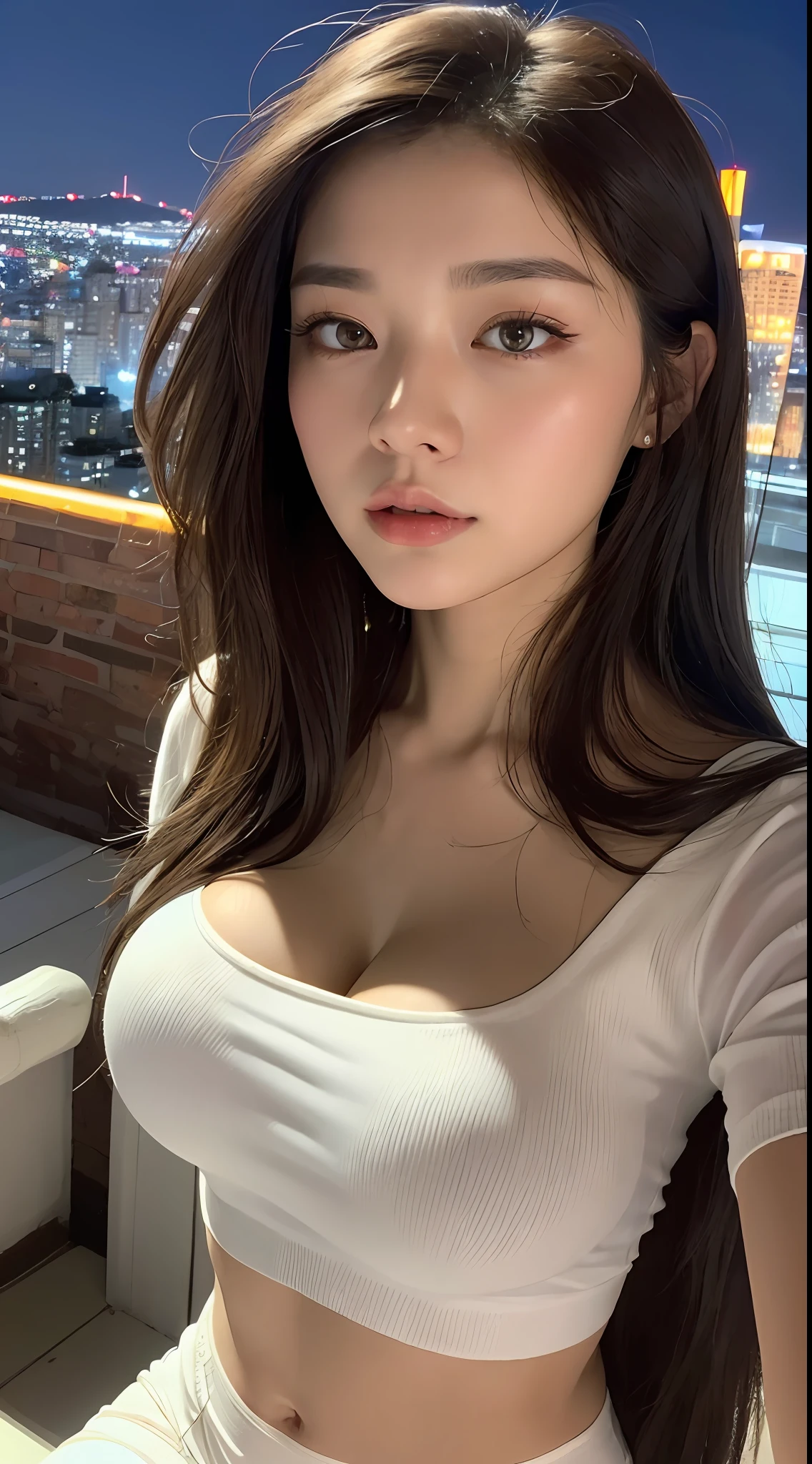 ((Excellent, 8K, Masterpiece:1.3)), Full body, Long legs, Focal length: 1.2, Perfect Body Beauty: 1.4, Slim Abs: 1.1, ((Dark brown layered hair, Big breasts: 1.2) ), (White skinny T-shirt, leggings, standing: 1.2), ((City Night View, Roof: 1.3)), Highly detailed face and skin texture, Fine eyes, Double eyelids, panties looming