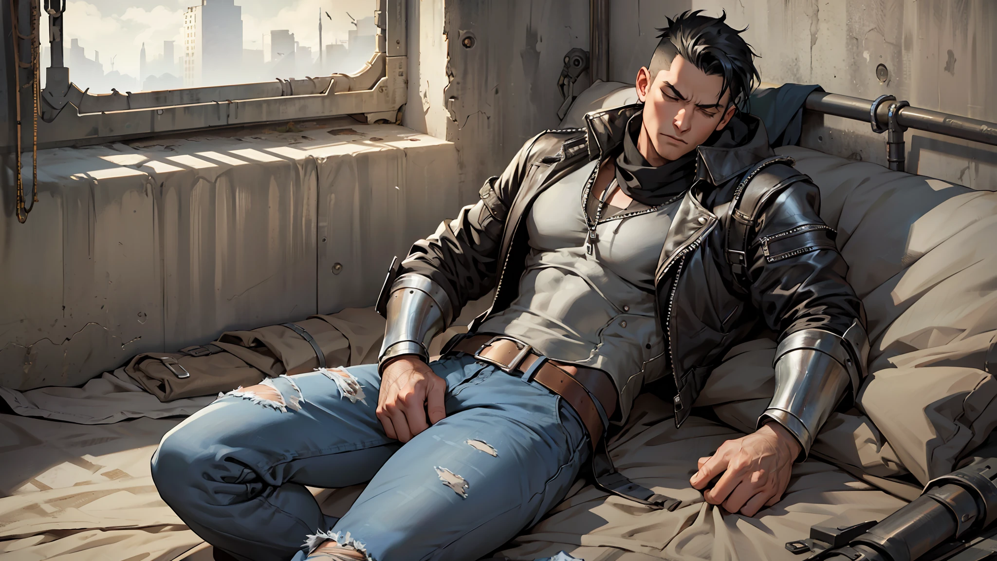 guy with, tough strong, full body, mad max style, black hair, jacket, jeans, front view, sleeping on the bed, lying down on the bed