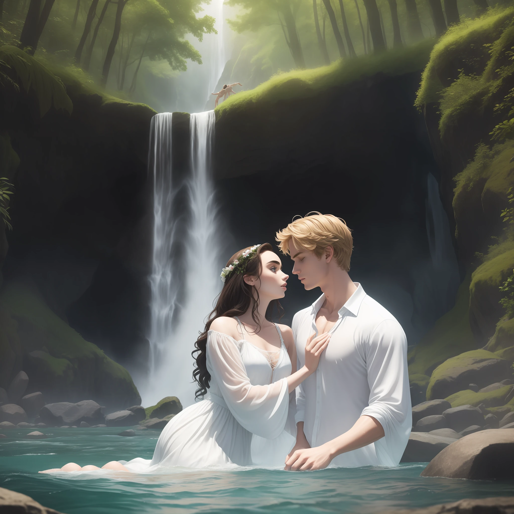 A couple bathing in a large river together, half of their bodies submerged; the woman is Lily Collins with black curly hair, simple medieval white dress; and the man is Neels Visser blond haired, dressed in a simple medieval long-sleeved shirt; The two are swimming together in a river with waterfall and water is greenish and cloudy, has a forest, extraordinary and detailed image.