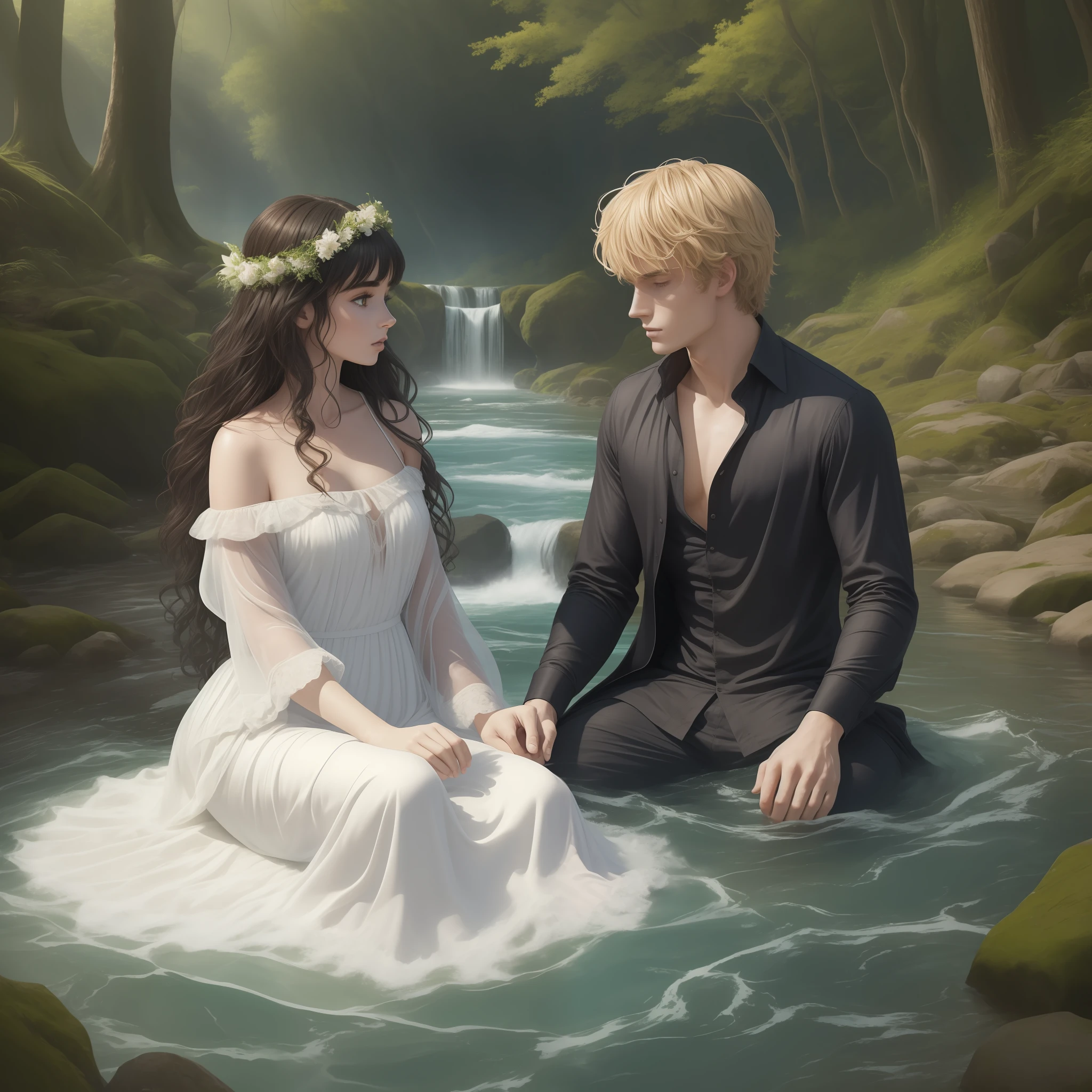 A couple bathing in a large river together, half of their bodies submerged; the woman is Lily Collins with black curly hair, simple medieval white dress; and the man is Neels Visser blond haired, dressed in a simple medieval long-sleeved shirt; The two are swimming together in a river with waterfall and water is greenish and cloudy, has a forest, extraordinary and detailed image.