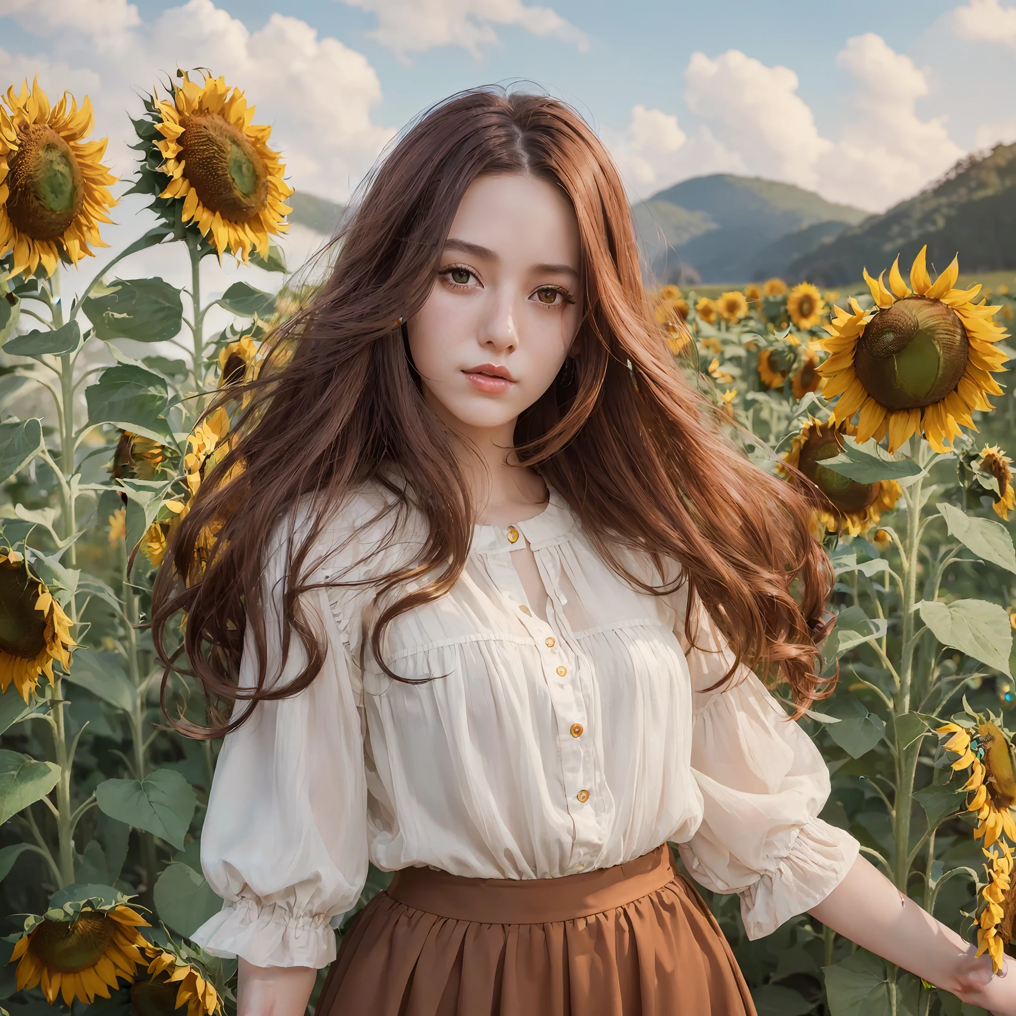 (high quality illustration,masterpiece,best quality),(attractive girl:1.5,dark ash red hair:1.3,cute brown eyes,attractive lips,beautiful blouse,long skirt),(holding hair,stylish pose:1.2),(field of sunflowers:1.2), looking at the camera, medium angel shot, extremely detailed image, hyper detailed face and body, 32K