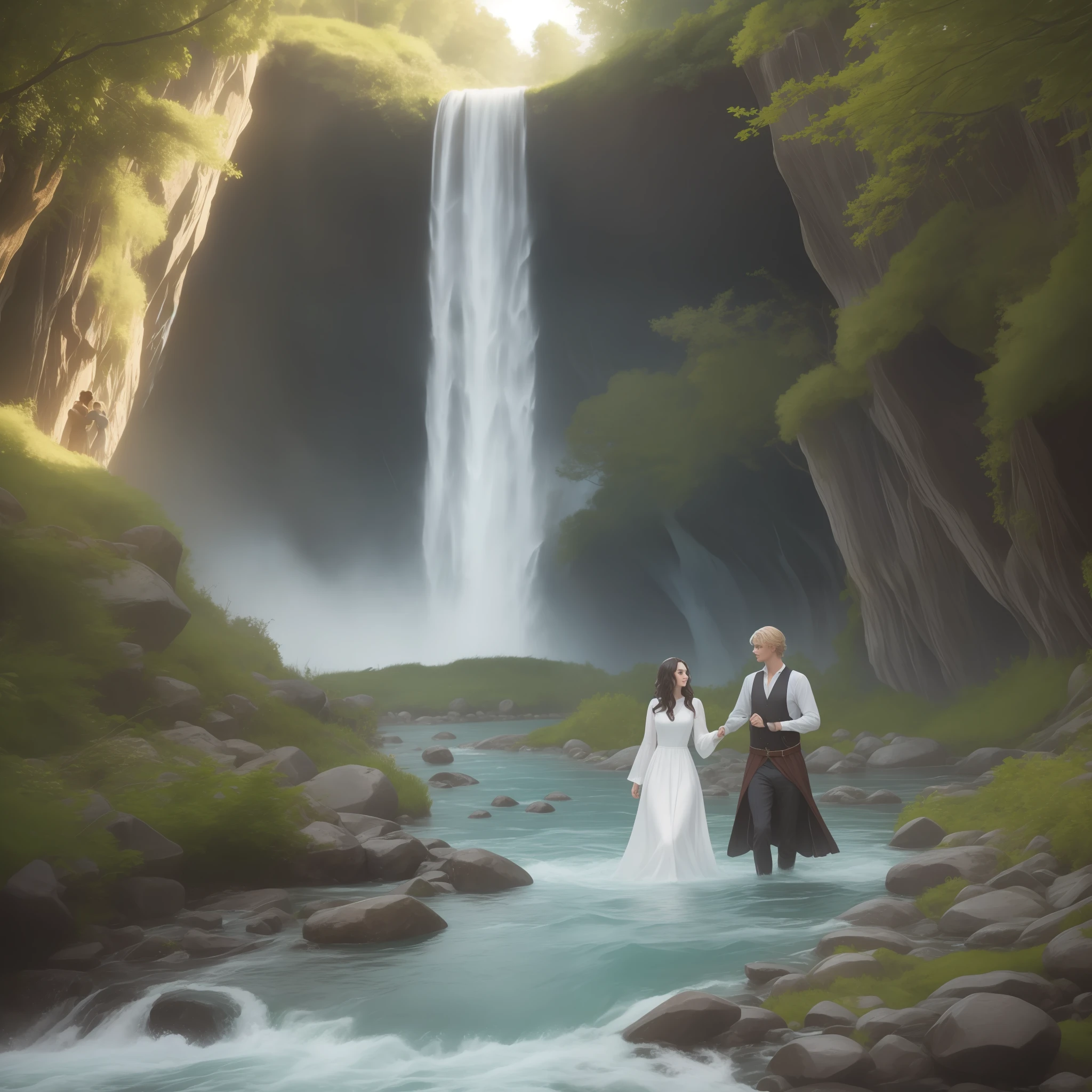 A couple bathing in a large river together, half of their bodies submerged; the woman is Lily Collins with black curly hair, simple medieval white dress; and the man is Neels Visser blond haired, dressed in a simple medieval long-sleeved shirt; The two are swimming together in a river with waterfall and water is greenish and cloudy, has a forest, extraordinary and detailed image.