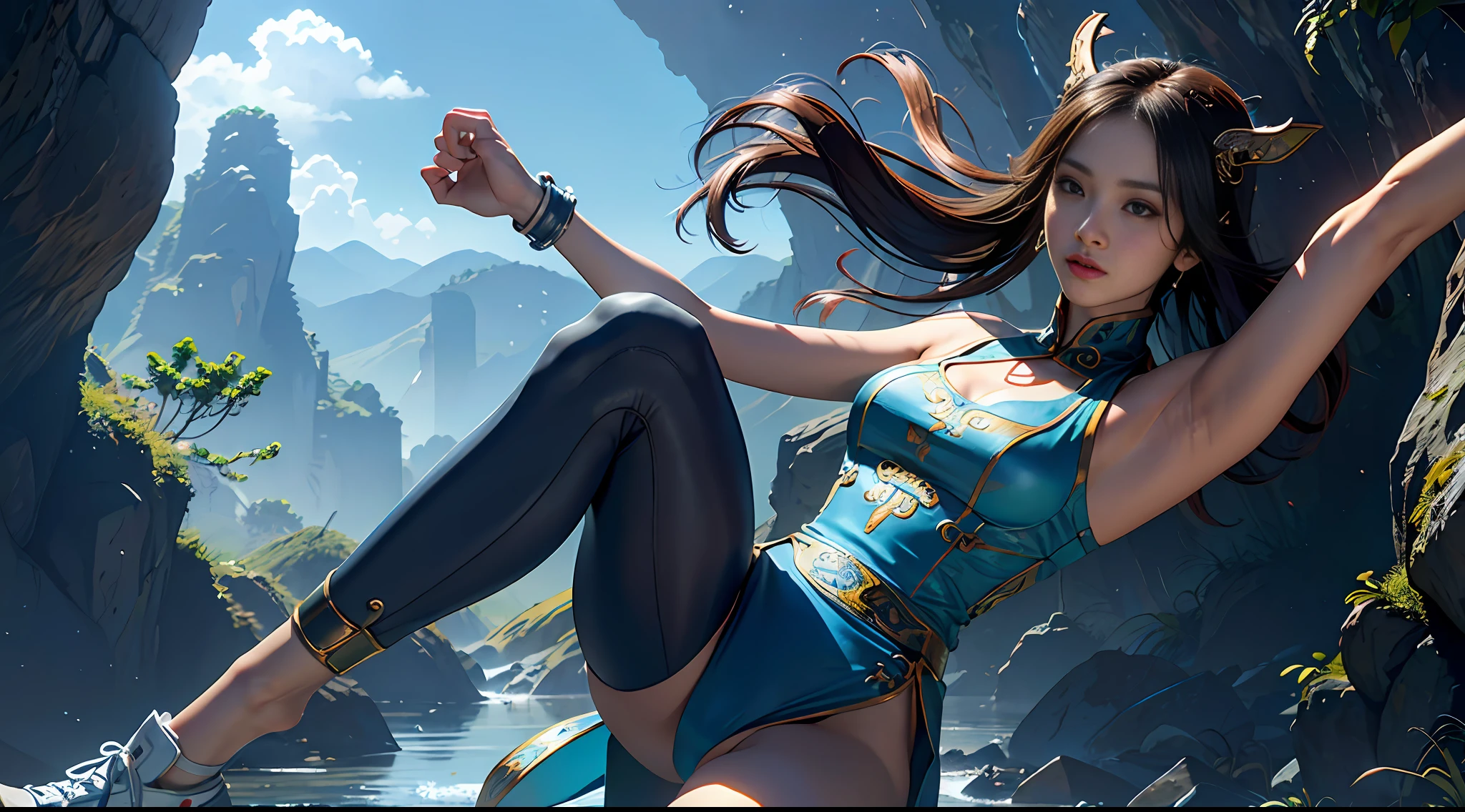 Full body shoot, photo, 1 female, (a Chinese woman, like Zhao Liying, sports body, long legs, one foot kicked into the sky, two hands made fists , firm expression, OK ), (perfect face), (perfect eyes), (perfect fingers), (perfect feet), (perfect arms), detailed collarbone, detailed vest line, detailed face, detailed body, detailed muscles, detailed skin, abs, curves, HDR, detailed, sports line, cinematic lighting, depth of field, from below, 10mm, canon, perspective shortening, best quality, 4k, 8k, masterpiece