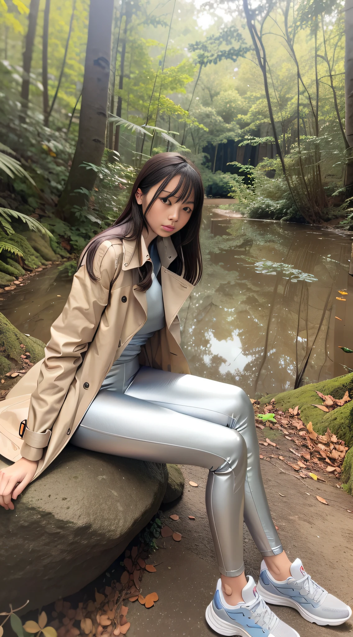 A long-legged girl wearing a beige trench coat and silver leggings, blue sneakers, sits on a large rock in the forest, surrounded by water