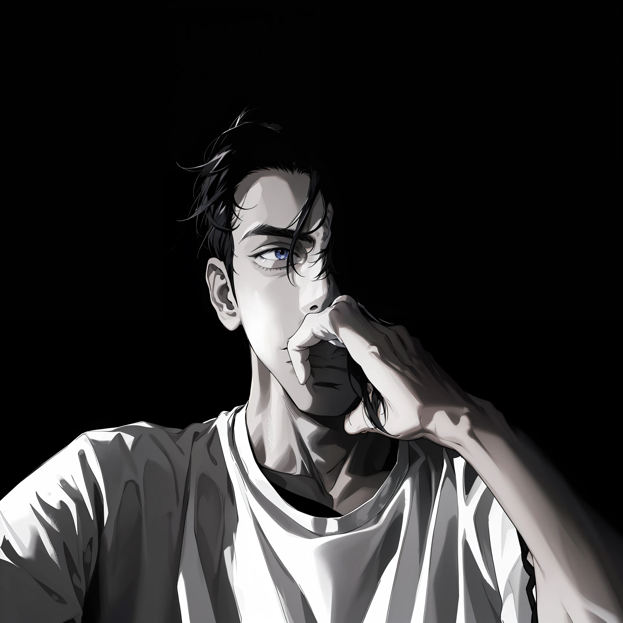 (absurdres, highres, ultra detailed), (1 male, solo, young guy, handsome), anime, anime style, stylish hair, detailed hair, black hair, dark eyes, detailed eyes, hand on mouth, hand covering mouth, fist, night, dark, dark background, black and white, white t-shirt, upper body, detailed