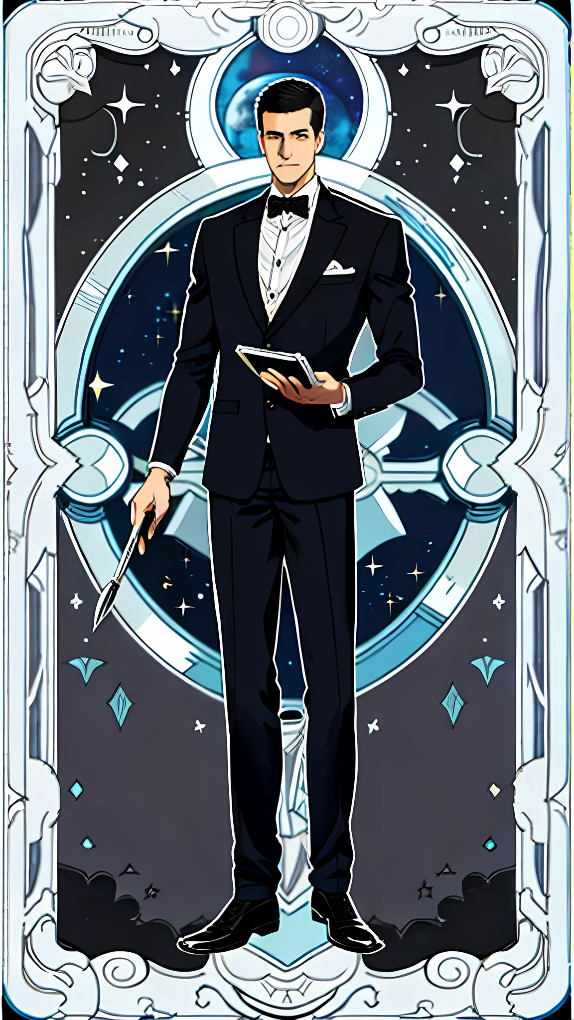 masterpiece, best quality, full body, card, 1 man, the moon, calm, clever, short hair, black hair, brush cut, standing, blue, night sky, purple, book, pen, buzz cut, black suit, royal, gentle, man, center, best pose, technology, high-tech,silver, super detailed, luxury, handsome, muscle, big guy