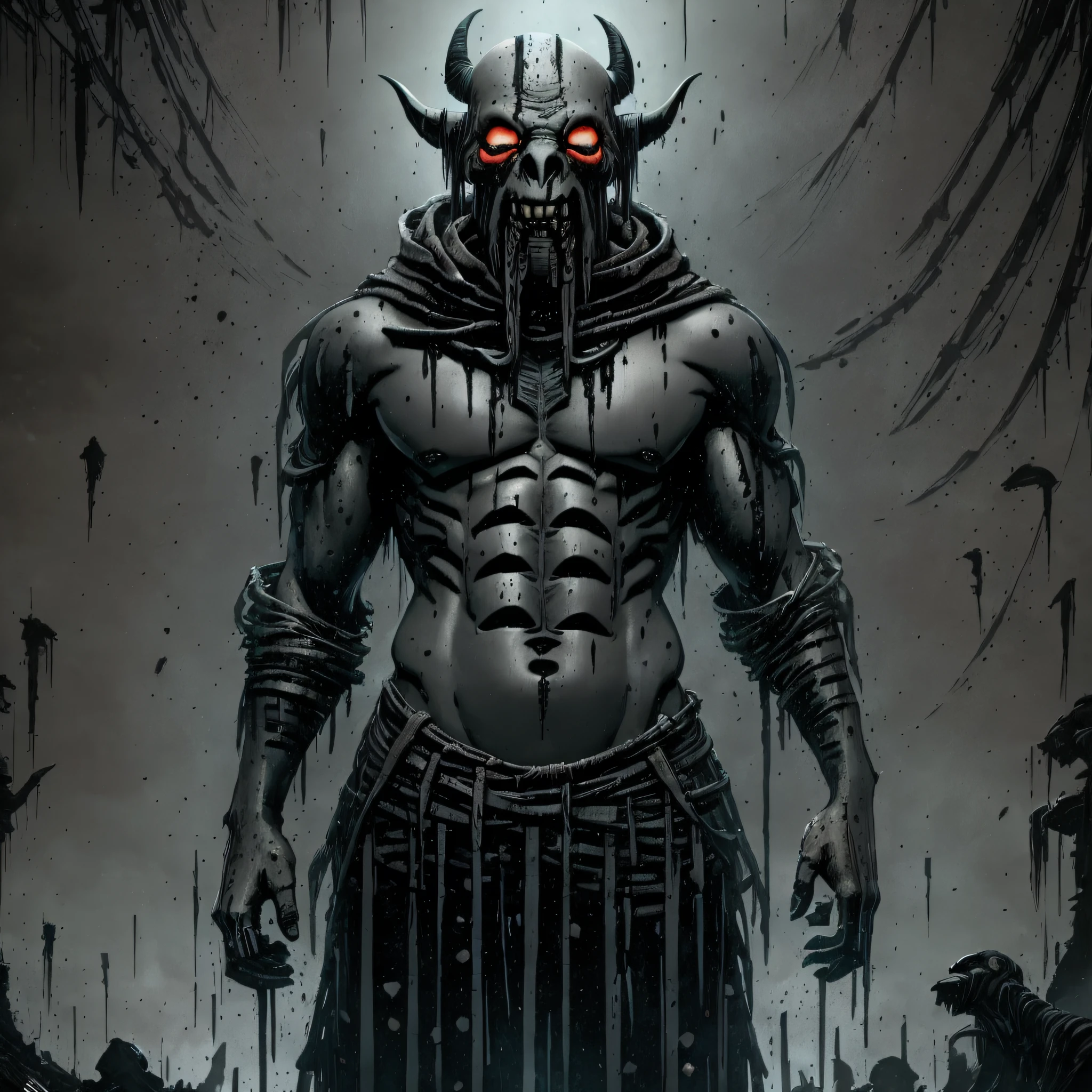 A dissimortum is a distorted humanoid creature with gray flesh and black claws that drip blood. A bony mask is attached to his head by strips of putrid flesh, and a third arm hangs from the right side of the creature's body, his hand holding a large blood-stained sac. His presence exudes an aura of corruption and malignancy.