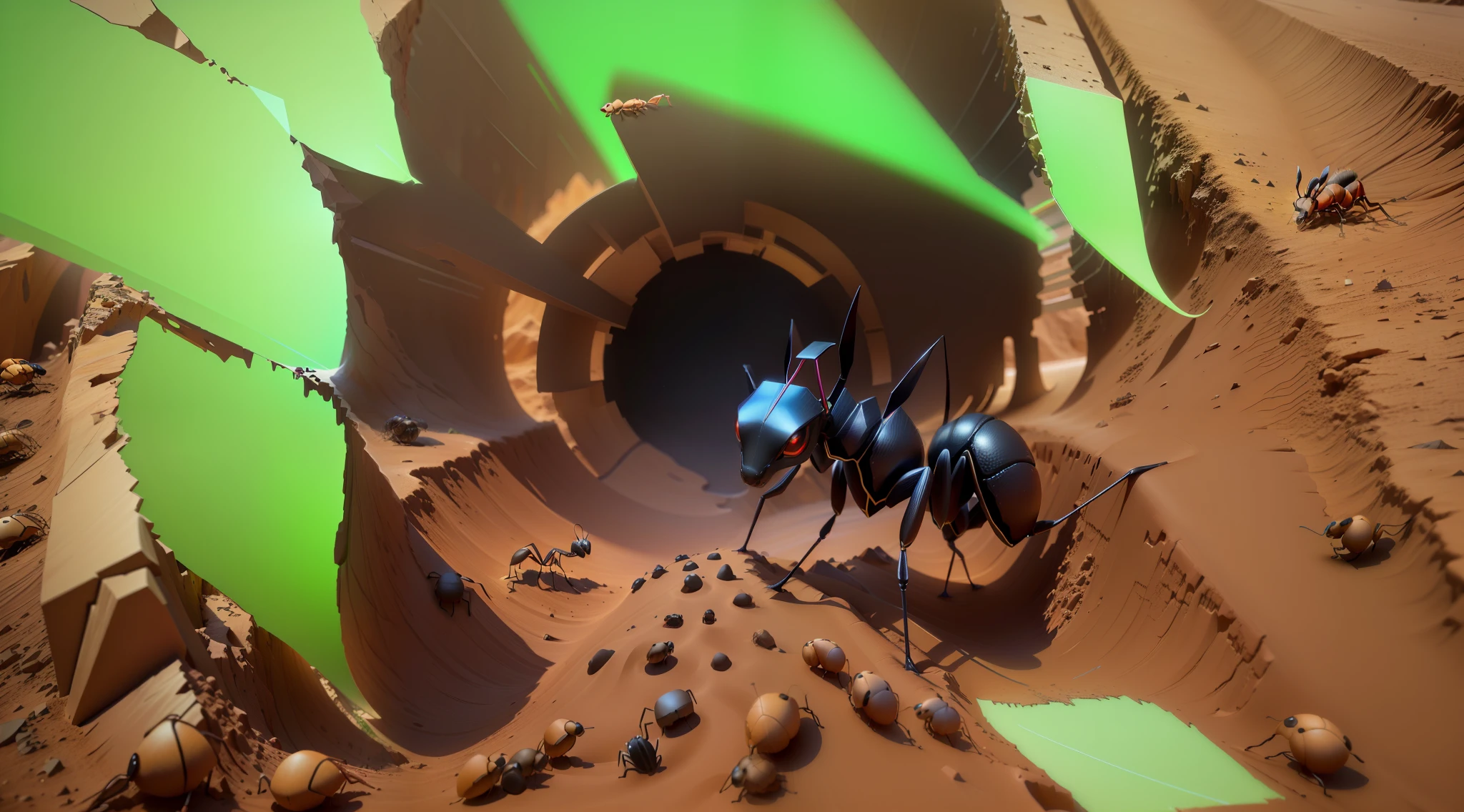 there is a black antelope walking through a hole in the dirt, monstrous ant, ant perspective, ant farm simulator, detailed 2d illustration, ant life, ant view, realistic illustration, looming over ant pov, depicted as a 3 d render, 2. 5 d illustration, ant pov, ant humanoid, pov of an ant, ultra realistic 3d illustration --auto --s2