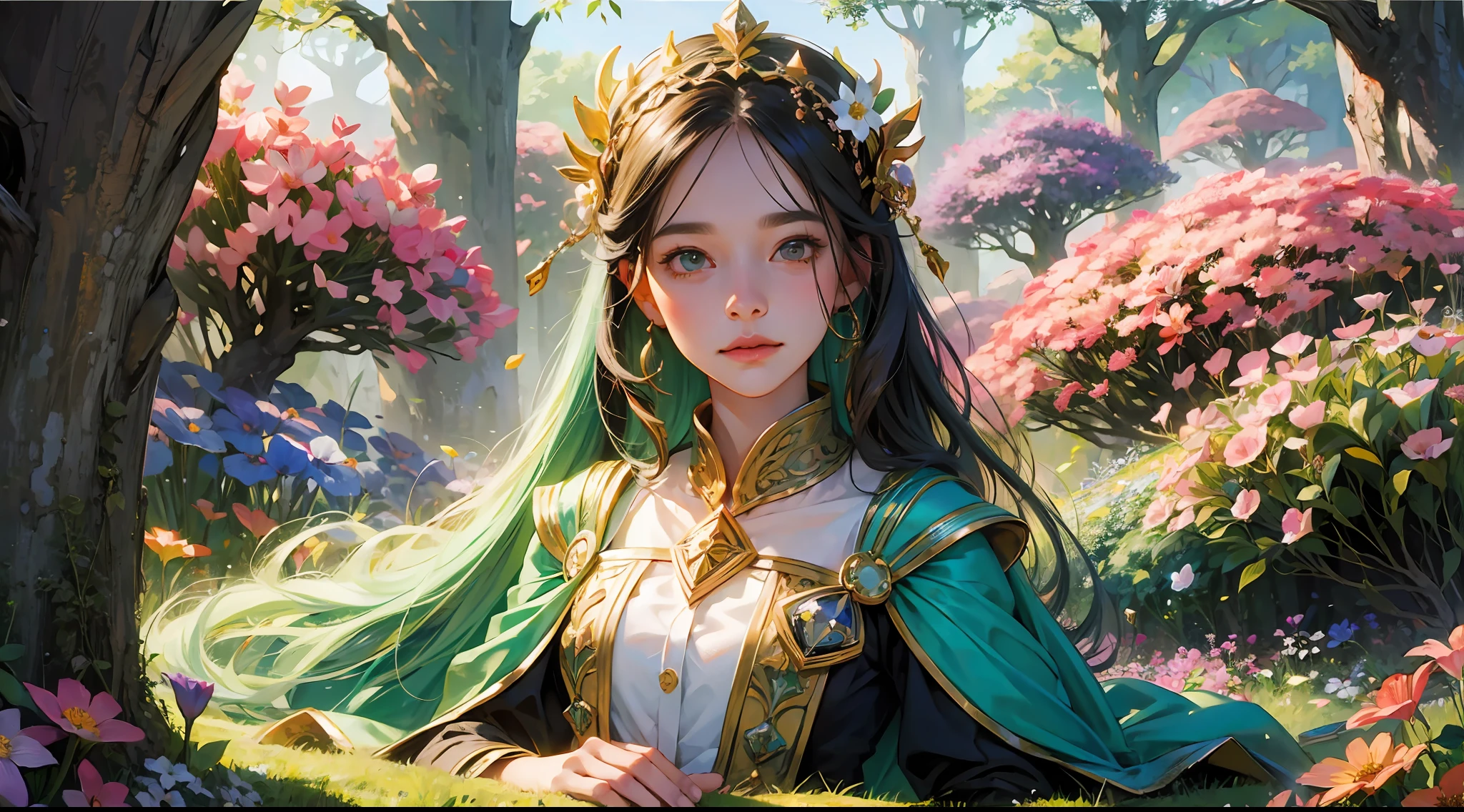 (1girl:1.2),in flower field,(fantasy+magical:1.3),super detailed.