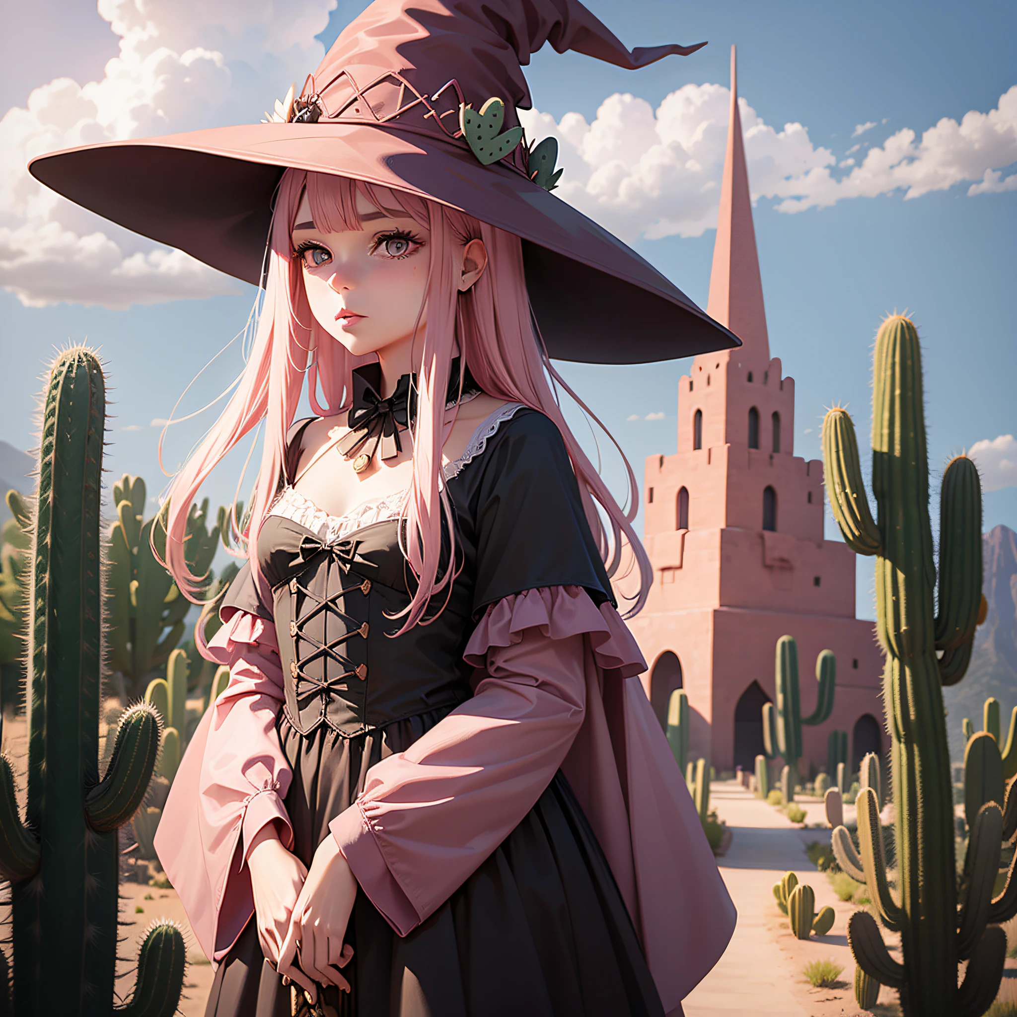 Witch, Champagne pink colors, witch hat, witch outfit, dark desert in the background a giant cactus, masterpiece, best quality