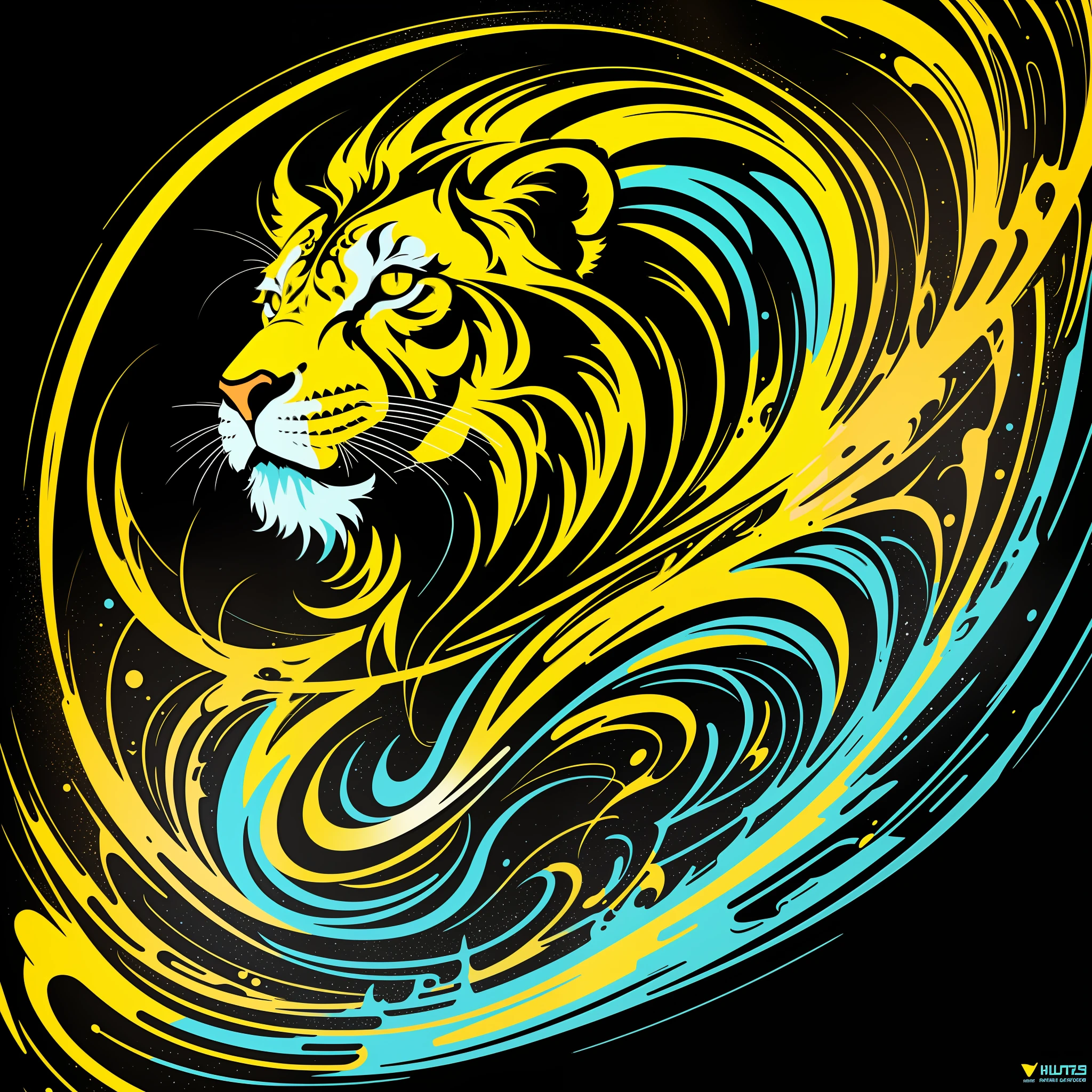 [Yellow Lion] circular heraldic silhouette, logo masking style illustration, Dan Mumford, Greg Lutkowski, James Jean, black background, fantasy art, mysterious, realistic, majestic, rich vivid colors, high contrast, seamless water brand, art station, Devian art, dribbling, red bubble, Tee public, sharp focus, simple, hyper detail, detailed drawing, vectorization, outline, isometric style, 8k.