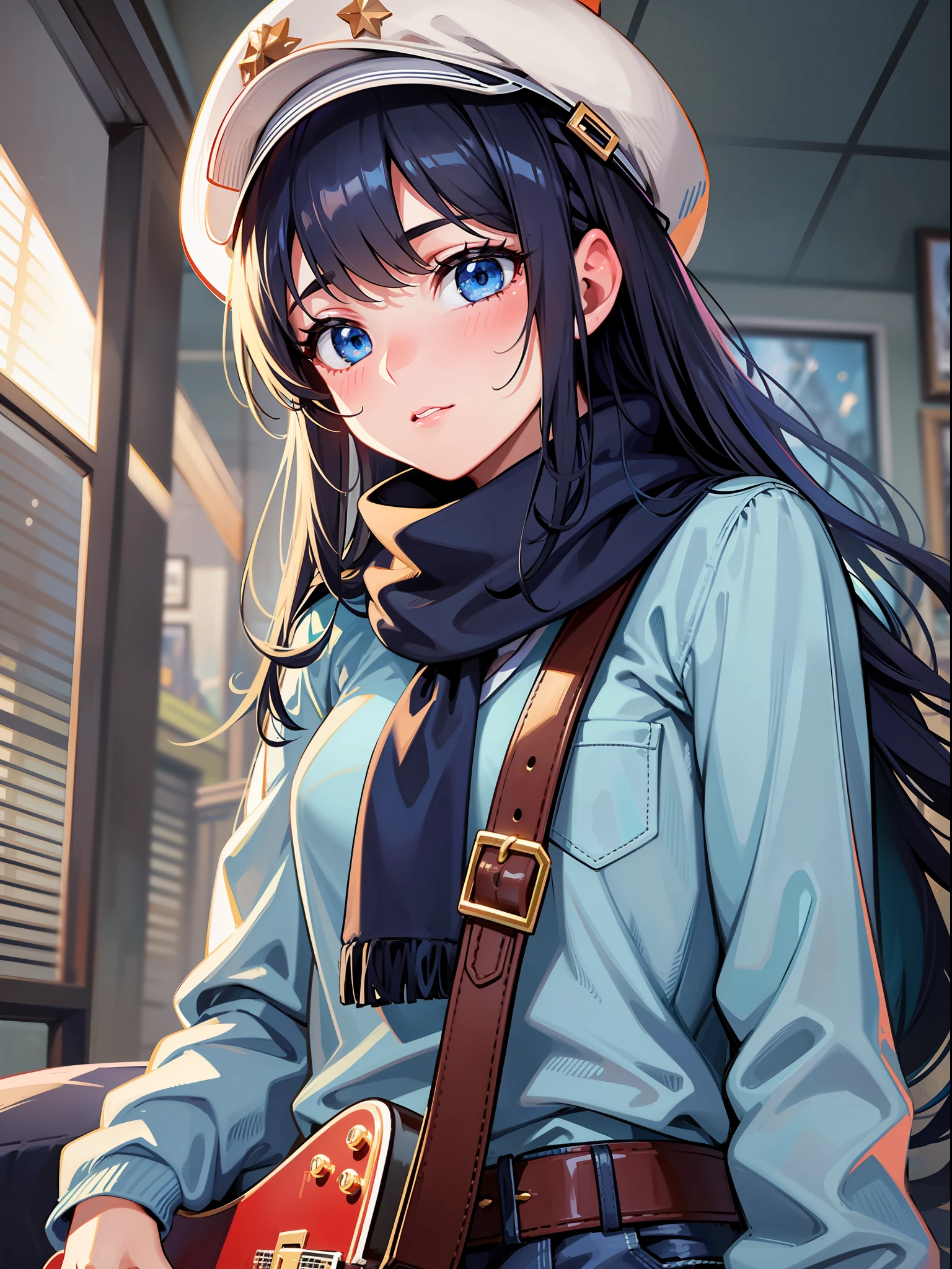 Use high-quality AI illustrations to draw an image of a quirky loli. Lori is in a cat pose and is depicted from an angle from an angle. Lori's hair is black and straight, with blue eyes. Lori has a hat in her hair and a scarf around her neck. Lori wears a jacket and shirt, a belt and jeans. In the indoor landscape, Lori holds a guitar