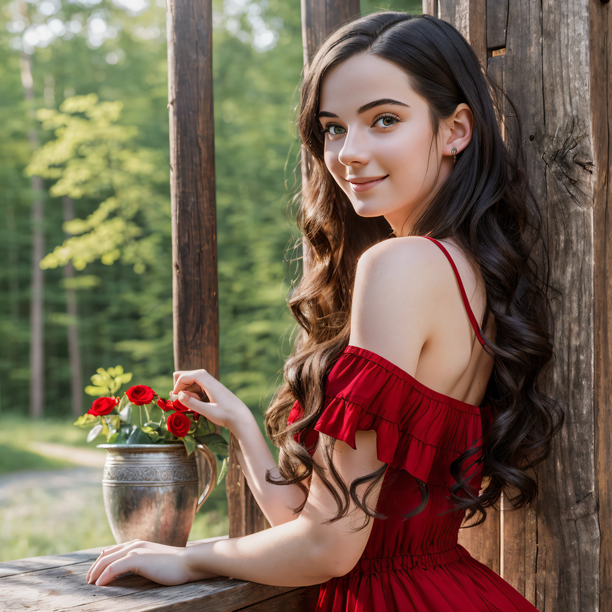 masterpiece, best quality, cinematic photo, beautiful girl 19yo, pale skin,
Swedish
pronounced feminine characteristics,

sexy red dress,
wavy black hair,
large breasts,
[smiling],
(back of the cottage),
modern style,
(8k, epic composition, photorealistic, sharp focus),
elaborate background,
DSLR,

intricate details,
fine details,

backlight,