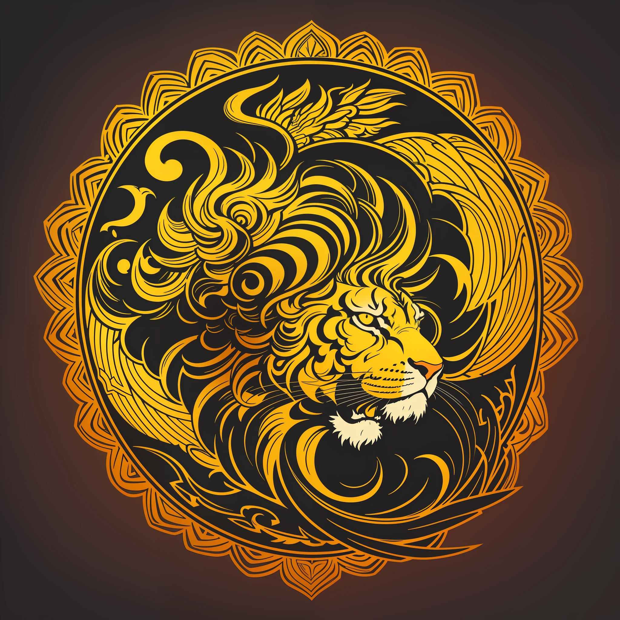 [Yellow Lion] circular heraldic silhouette, logo masking style illustration, Dan Mumford, Greg Lutkowski, James Jean, black background, fantasy art, mysterious, realistic, majestic, rich vivid colors, high contrast, seamless water brand, art station, Devian art, dribbling, red bubble, Tee public, sharp focus, simple, hyper detail, detailed drawing, vectorization, outline, isometric style, 8k.