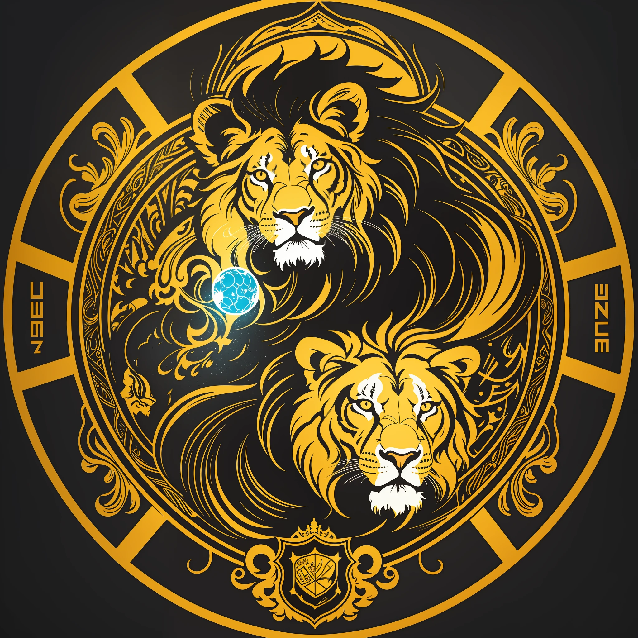 [Yellow Lion] circular heraldic silhouette, logo masking style illustration, Dan Mumford, Greg Lutkowski, James Jean, black background, fantasy art, mysterious, realistic, majestic, rich vivid colors, high contrast, seamless water brand, art station, Devian art, dribbling, red bubble, Tee public, sharp focus, simple, hyper detail, detailed drawing, vectorization, outline, isometric style, 8k.