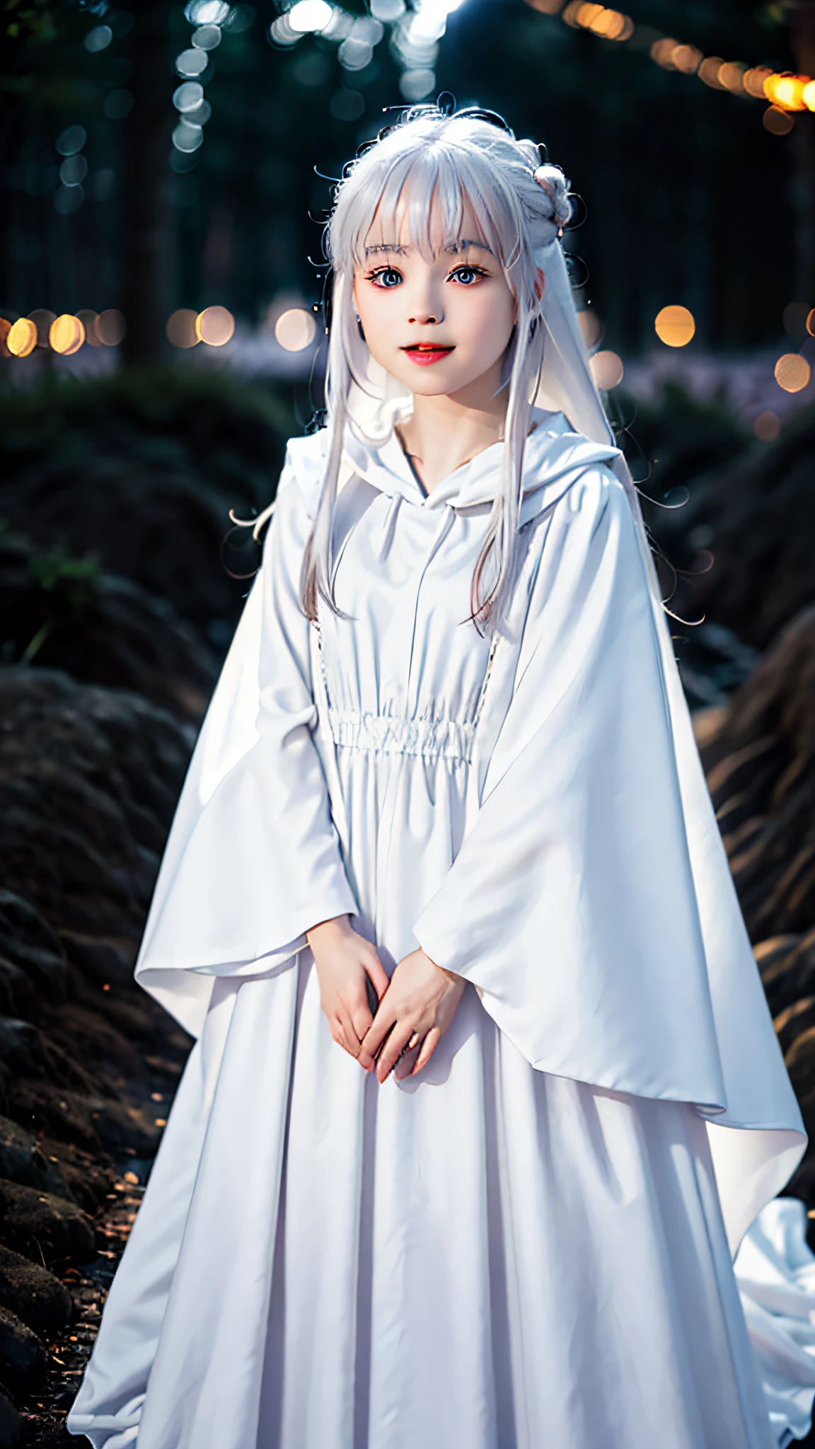 ((1 girl)), magician, magic, wearing a long dress made of light, Enchanted forest, flowing, (Fire)) magic), tight magician's clothing, white magic clothing, ((flowing hairstyle)))), (Shining eyes))), wearing a red cloak, (((bokeh)), depth of field, white hair,