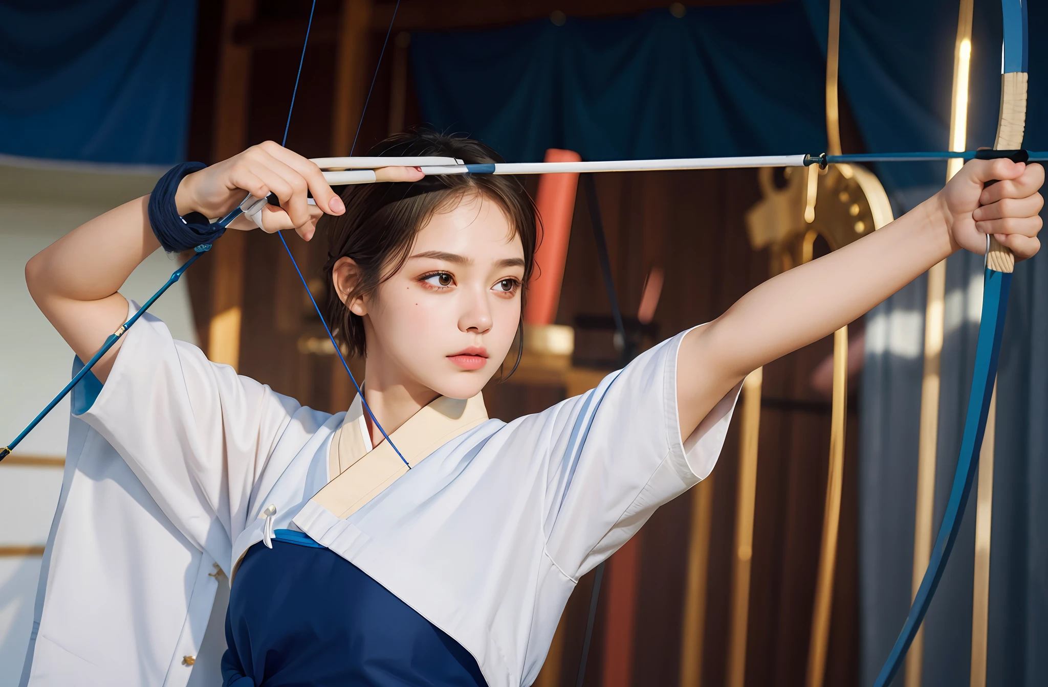Girl 1, top quality, photorealistic: 1.37, super high resolution, masterpiece, detailed eyes, nice eye makeup, real skin, perfect anatomy, short hair, (PureErosFace_V1:0.8), detailed face, archery dojo, archery club, holding a bow, serious expression, photorealistic, light shining, white jacket, dark blue hakama,