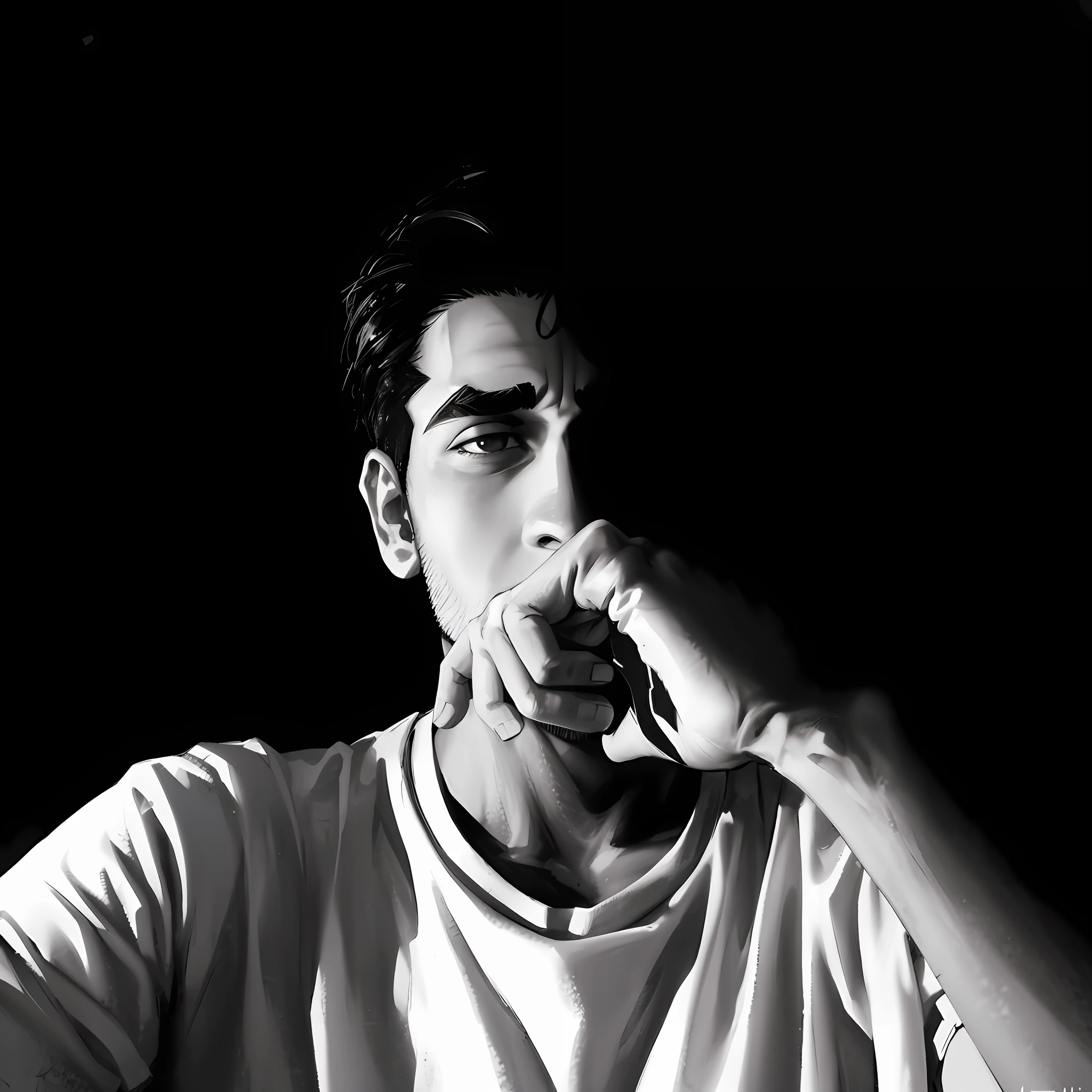 (absurdres, highres, ultra detailed), (1 male, solo, young guy, handsome), anime, anime style, stylish hair, detailed hair, black hair, dark eyes, detailed eyes, (angular jaw:1.4, thick neck:1.4, thick eyebrows:1.4), BREAK, night, dark, dark background, black and white, white t-shirt, BREAK, upper body, detailed