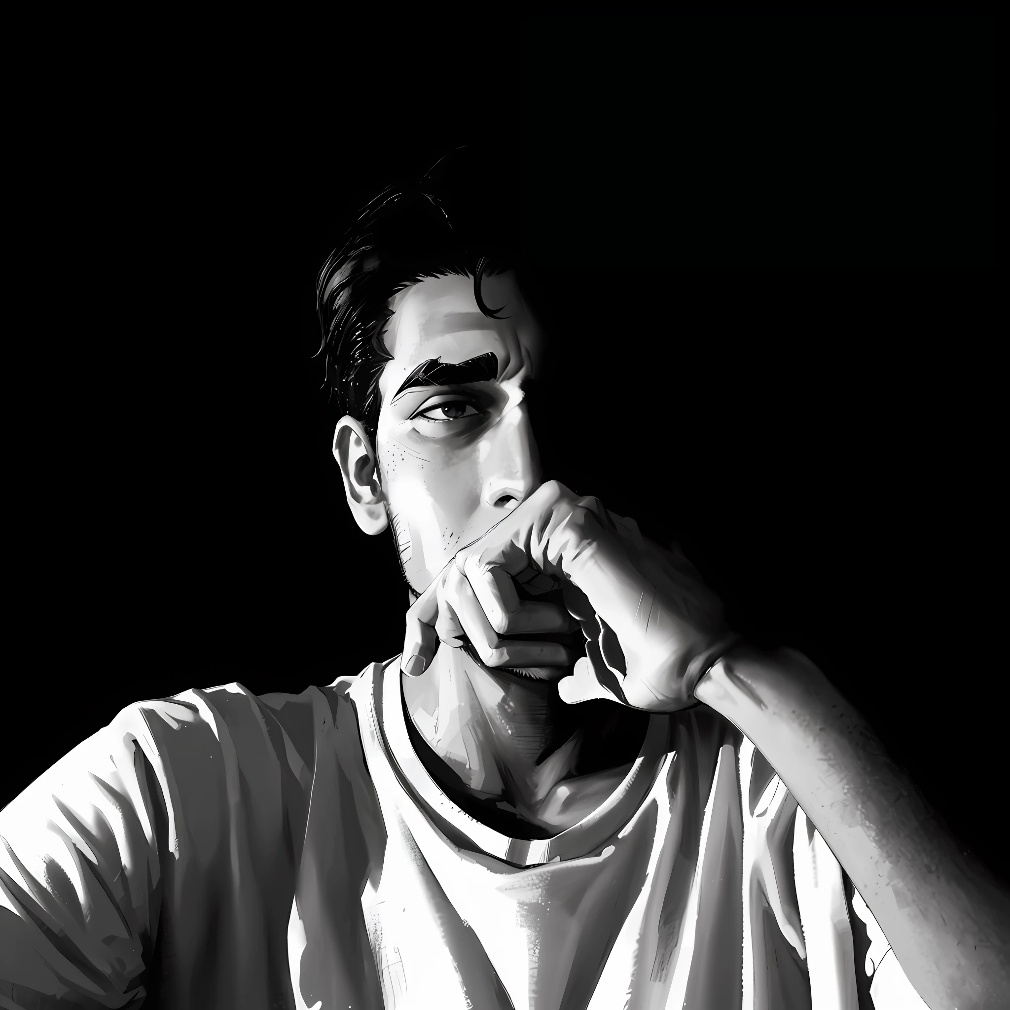 (absurdres, highres, ultra detailed), (1 male, solo, young guy, handsome), anime, anime style, stylish hair, detailed hair, black hair, dark eyes, detailed eyes, (angular jaw:1.4, thick neck:1.4, thick eyebrows:1.4), BREAK, night, dark, dark background, black and white, white t-shirt, BREAK, upper body, detailed