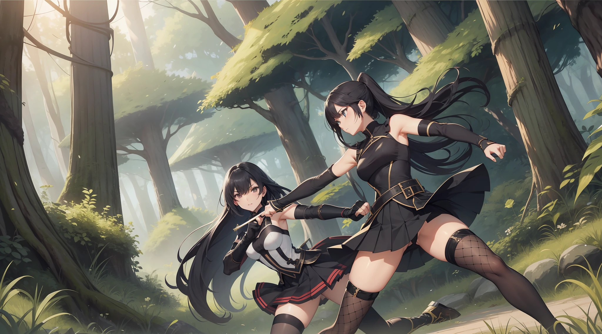 Full body shot of two female swordswomen from Assault Lily, 1 versus 1, fighting in a fierce duel death match, face to face with serious expression. One of them take lethal slash and wounded. They have long loose hairstyle, small thighs and slender legs. They are wearing different color of dress armor, a pair of thin long black elbow gloves, and pleated skirt. Both of them are wearing a pair of black thigh highs and black shoes. Background set in a lush forest.