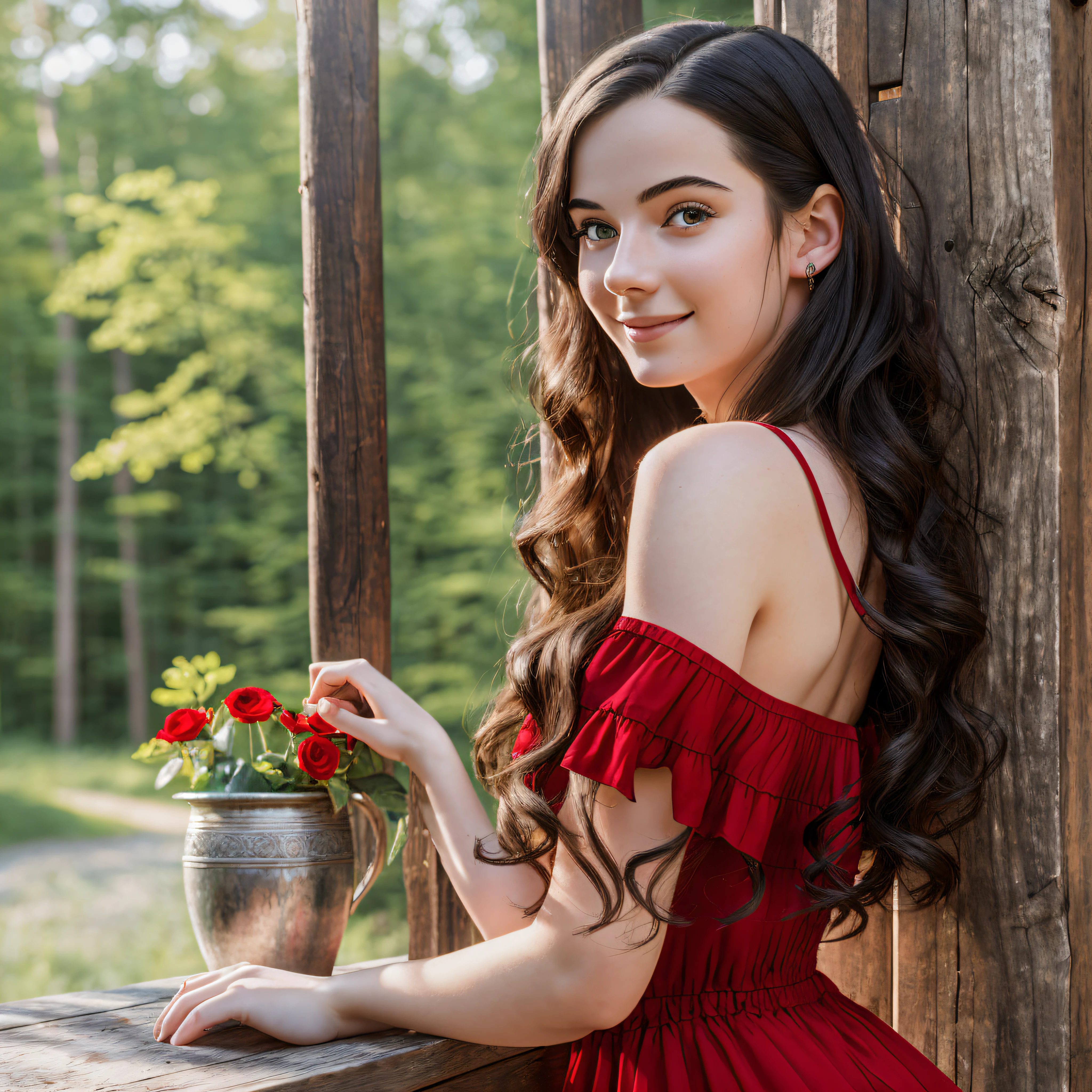 masterpiece, best quality, cinematic photo, beautiful girl 19yo, pale skin,
Swedish
pronounced feminine characteristics,

sexy red dress,
wavy black hair,
large breasts,
[smiling],
(back of the cottage),
modern style,
(8k, epic composition, photorealistic, sharp focus),
elaborate background,
DSLR,

intricate details,
fine details,

backlight,