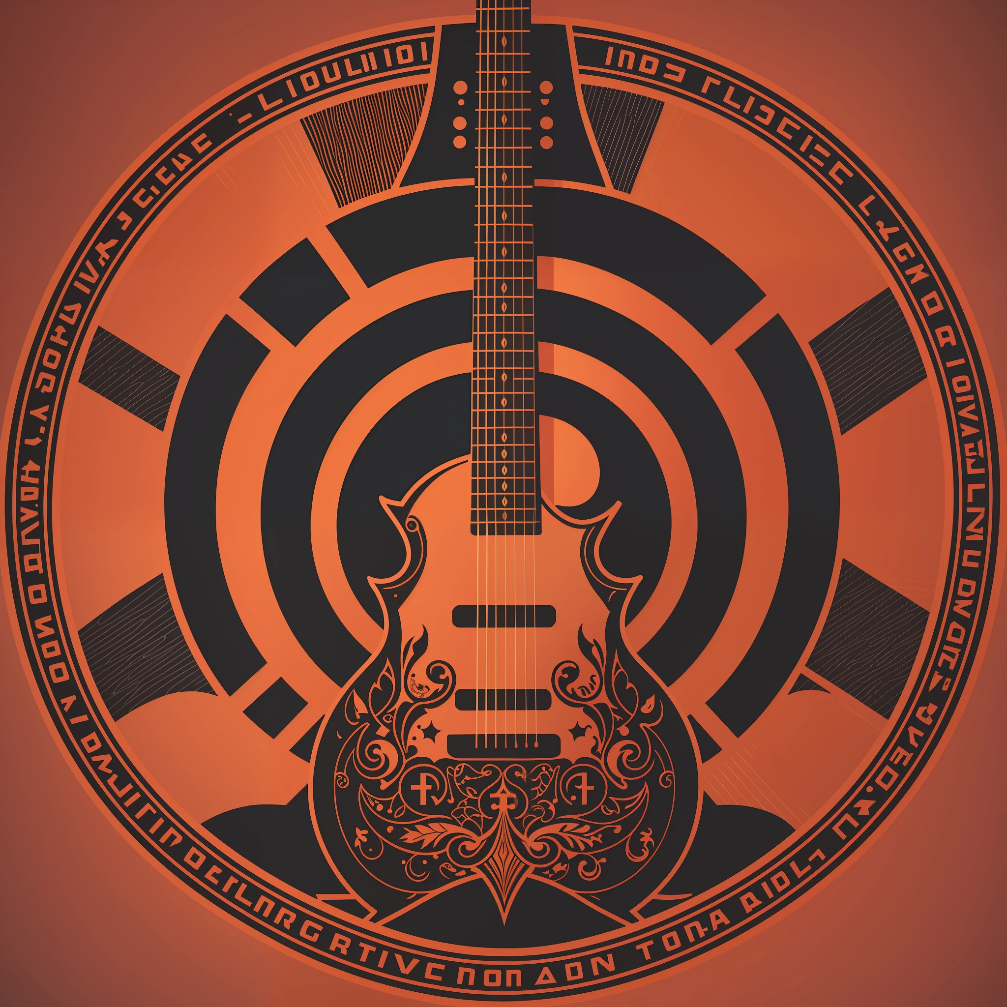 [Brown acoustic guitar] circular heraldic silhouette, logo masking style illustration, Dan Mumford, Greg Lutkowski, James Jean, black background, fantasy art, mysterious, realistic, majestic, rich vivid colors, high contrast, seamless water brand, art station, deviant art, dribbling, Red Bubble, Tee Public, Sharp Focus, Simple, Hyper Detail, Detailed Drawing, Vectorization, Outline, Isometric Style, 8K.