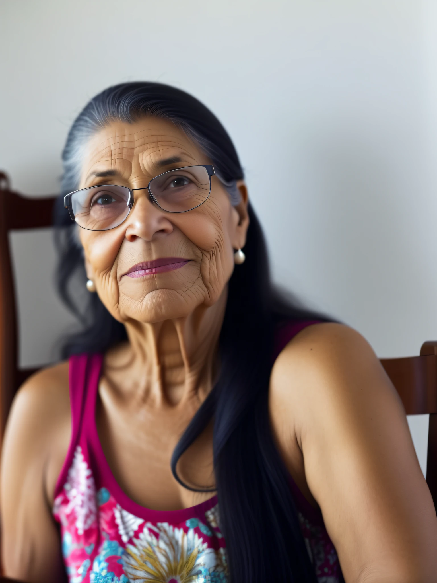 there is a woman sitting in a chair with a cell phone, 3 5 year brazilian mother, looks like fabiula nascimento, ayahausca, she is about 6 0 years old, she is about 50 years old, alanis guillen, pilar, inspired by Maria Helena Vieira da Silva, amateur photo, fernanda suarez