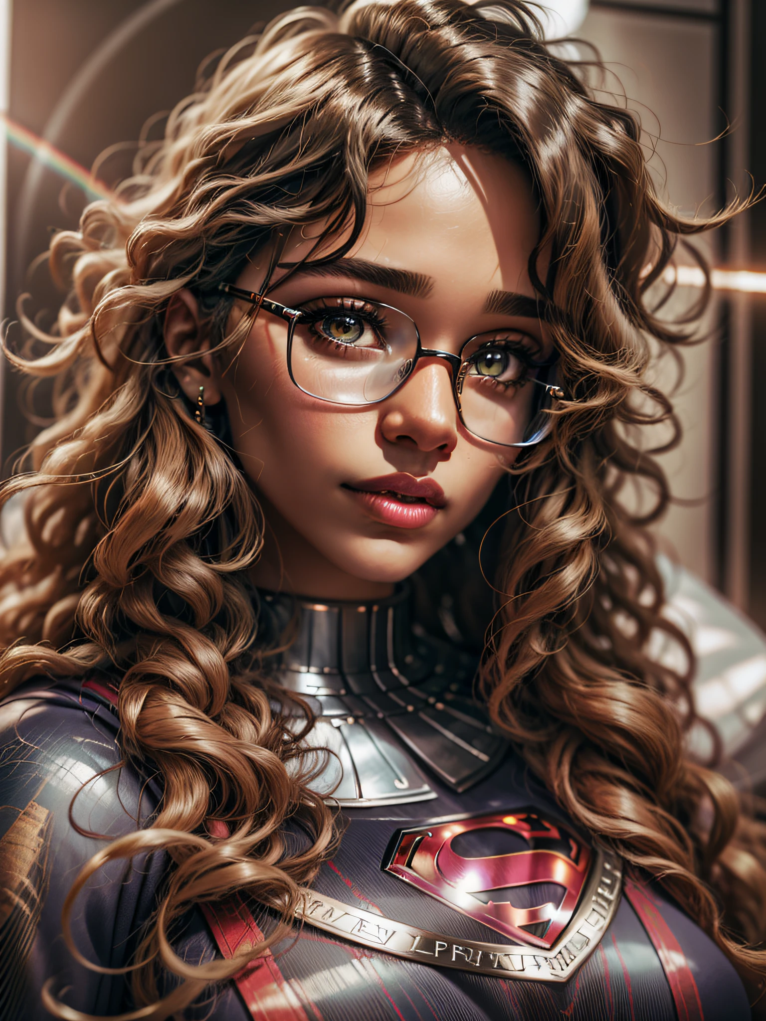 a close up of a (ebony woman) in a superman costume posing for a picture, hand taking off glasses, long rainbow curly hair, superhero portrait, supergirl, kryptonite explosion background, superman cosplay, 8k artgerm bokeh, wojtek fus, super hero art, super photo realistic, artgerm portrait, stunning digital illustration, realistic digital art 4k, realistic digital art 4 k, closeup character portrait, artgerm. high detail