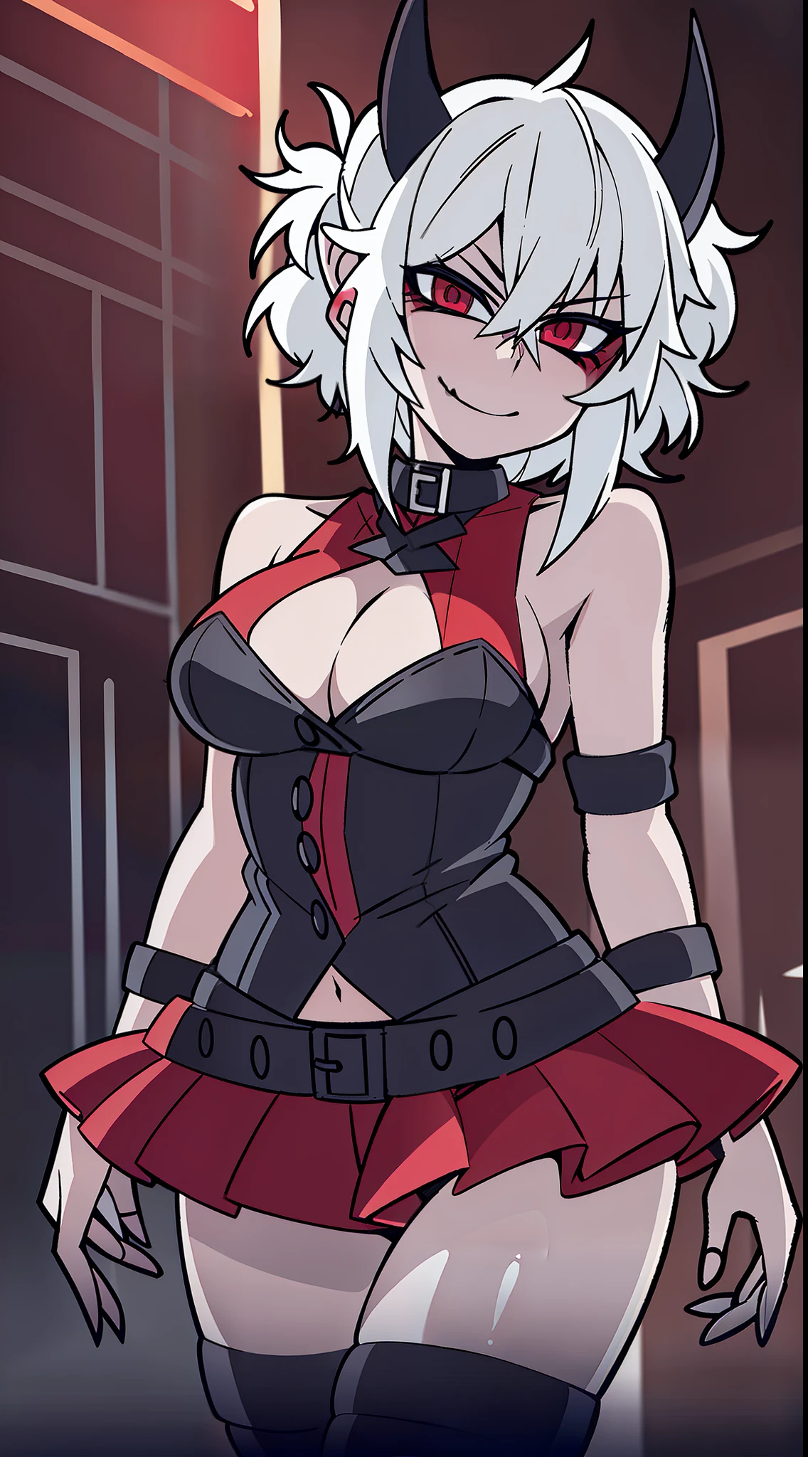 1girl, look at viewer, cute, breast, full body, Helltaker, detailed lighting, detailed body, detailed hair, detailed, masterpiece, red eyes, glowing eyes, night, torn red tank top, black mini-skirt, Fishnet stockings, black boots, black horns, short messy hair, white hair, smug smile, seductive look, half-closed eyes, (((Nightclub, neon lights)))