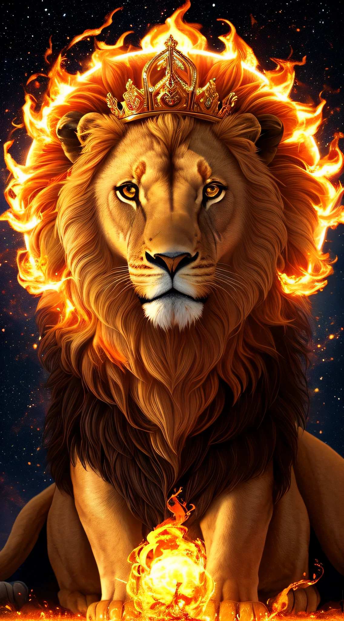 A royale King Lion with full human boby, galaxy background, magical 3D, full resolution RTX style with flaming eyes sitting on a throne, with a king's crown, captured through Photography with a 35 mm lens. Inspired by the art of National Geographic photographers, the scene depicts the majestic lion, majestic and powerful. The color temperature is warm, with golden tones enhancing the lion's grandeur. The lion's eyes burn with intense flames, emanating a sense of authority and dominance. The lighting casts dramatic shadows, creating a captivating, symmetrical, full body, big angle, rtx atmosphere