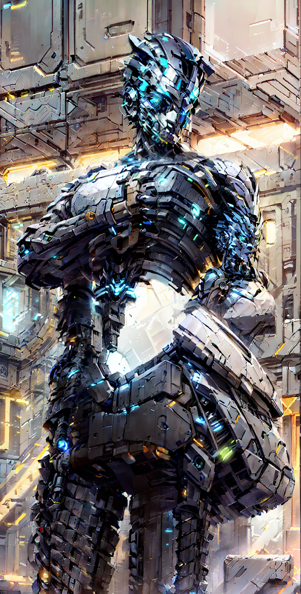 A futuristic sci-fi style of mechanical armor with streamlined shapes, metal materials and high gloss. The main color is black with an accent of bright green or blue. Add geometric patterns and line details to the details, while adding luminous LED light effects to the joints and decorative parts to add dazzle and appeal.