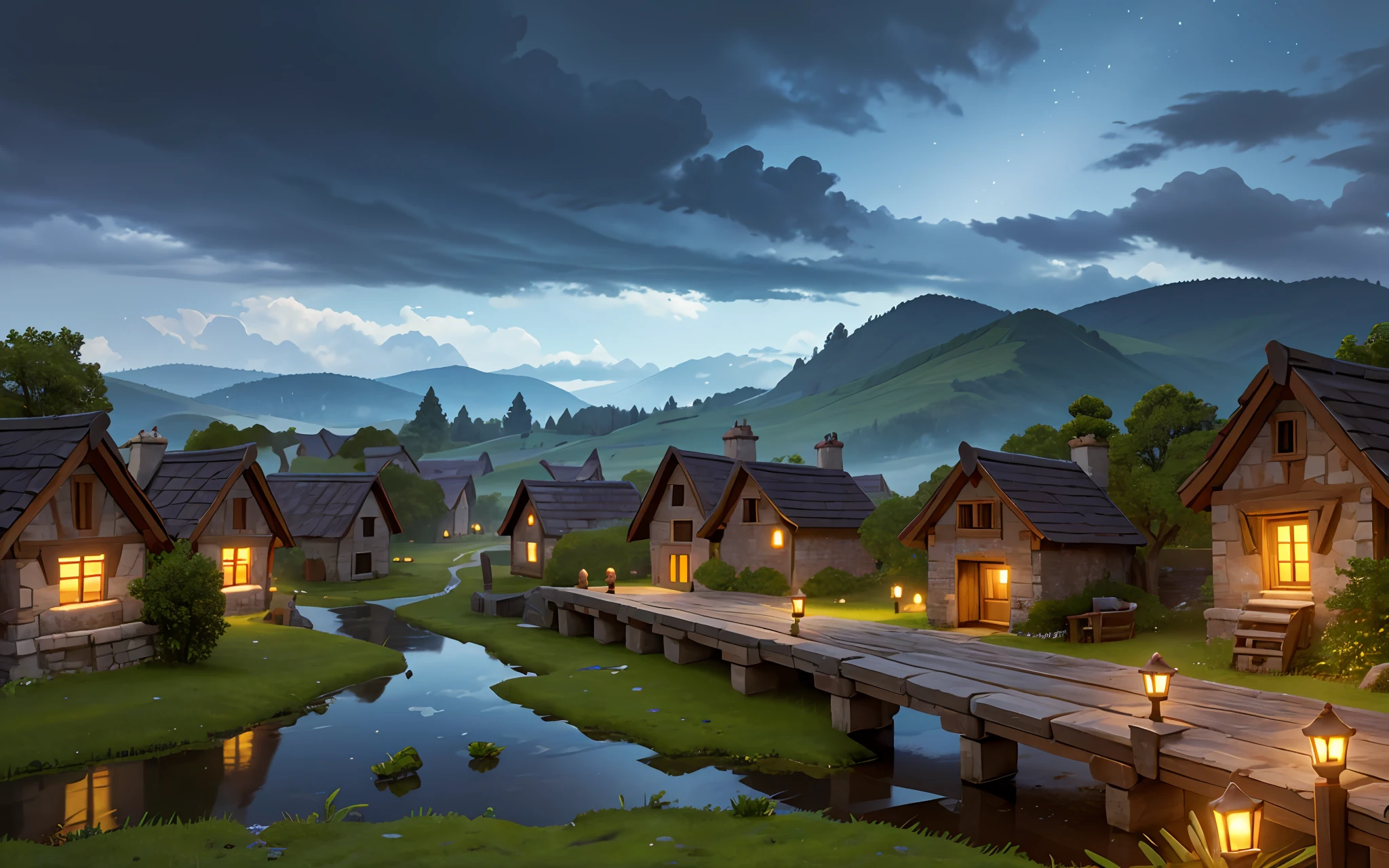 extremely detailed, 8k, wallpaper, wonderfull landscape, ruined village atmosphere, dark ambiance, high details, volumetric light, thunder sky,