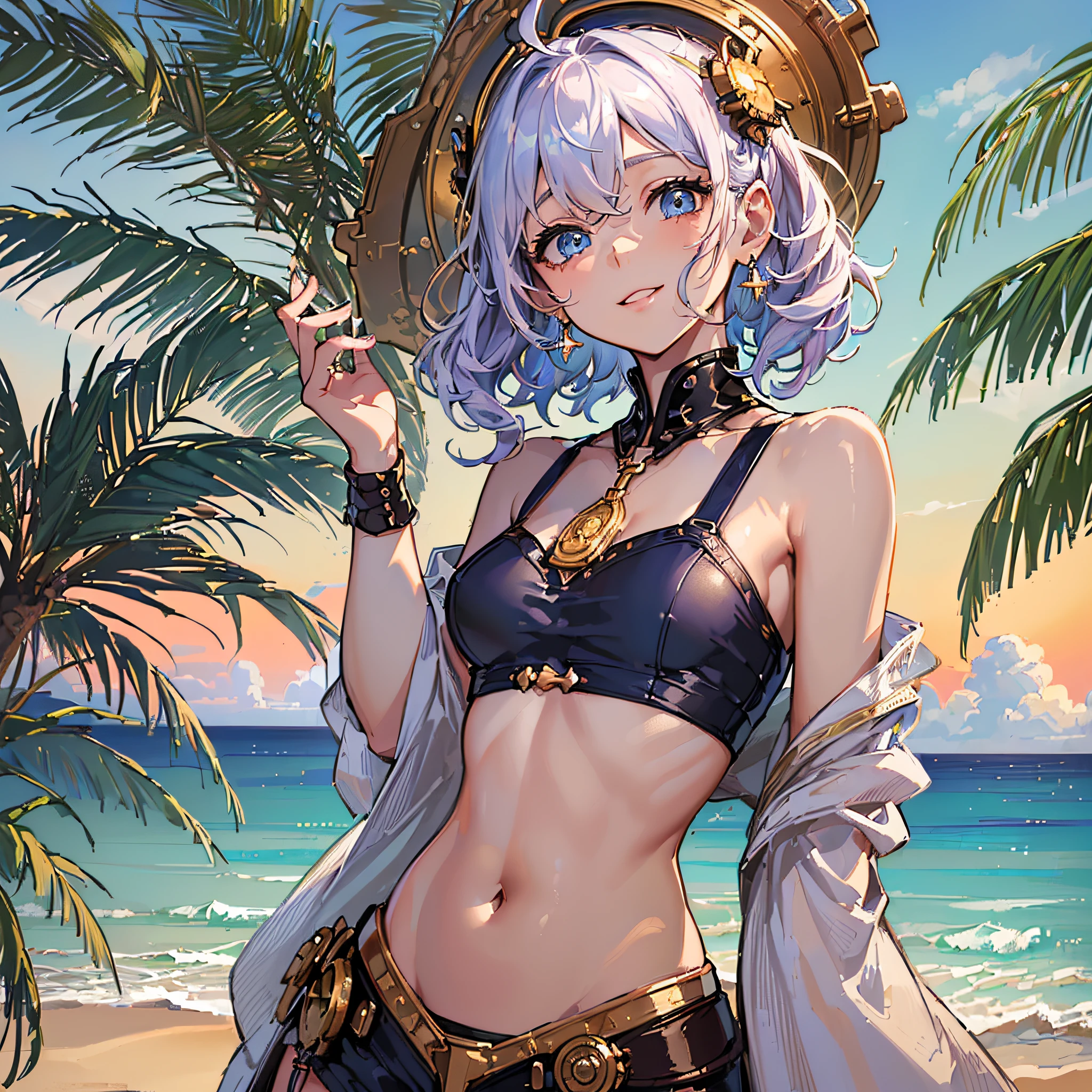 (((Masterpiece)), (((Highest Quality)), (((Very delicate and beautiful)), (Highly detailed CG Unity 8K wallpaper: 1.3), Very delicate light, (Backlight), (Steampunk),
/=、
(Cowboy Body)), (1 : 1.3), Solo, (Petite), (Small), Neon Pink Sunglasses, Swimsuit, High Waist Shorts, White Hair, Blue Eyes, Earrings, (Wavy Curly Short Hair), (Ahoge), (Cute Face: 1.114), (Fine Eyes: 1.15), (Cute Face: 1.114)
, (beautiful fine eyes and beautiful face: 1.15),
The girl is smiling and looks happy in a beautiful tropical landscape. Behind her, the sun is setting, casting a warm glow on the scene, creating a dreamy atmosphere. In the distance, palm trees sway in the breeze, creating a leisurely retro atmosphere, such as sand, sun, beach, sea, horizon, etc.
Highly detailed ray tracing