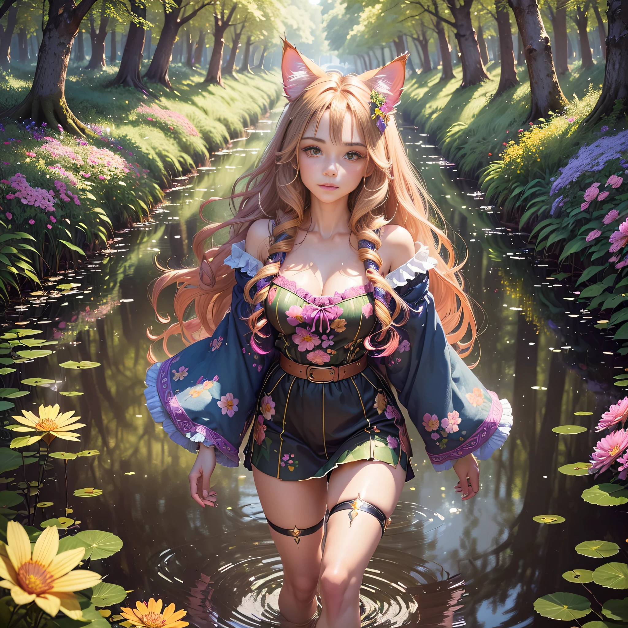 "((detailed & beautiful CG):1.2), (part-maine coon cat & part-human woman:1.2, beautiful straight hair), (running in a forest:1.2), (lake reflecting colorful flowers:1.2), (glowing skin:1.2))"
