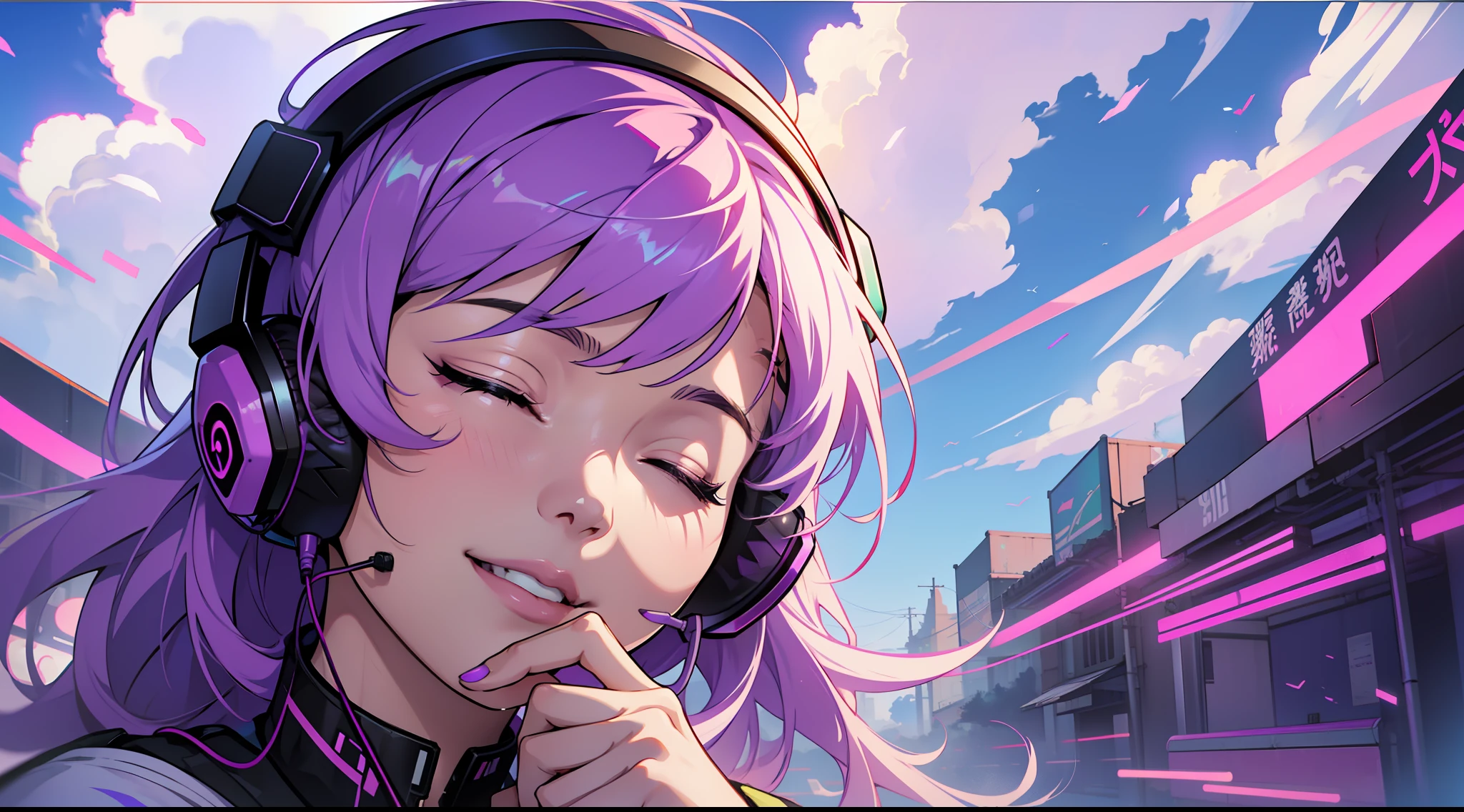 Woman with peace sense headset, closed eyes, beautiful face, RGB colors, bright purple hair, anime, banner for youtube video, happy girl, clouds with RGB colors., bright RGB colors.