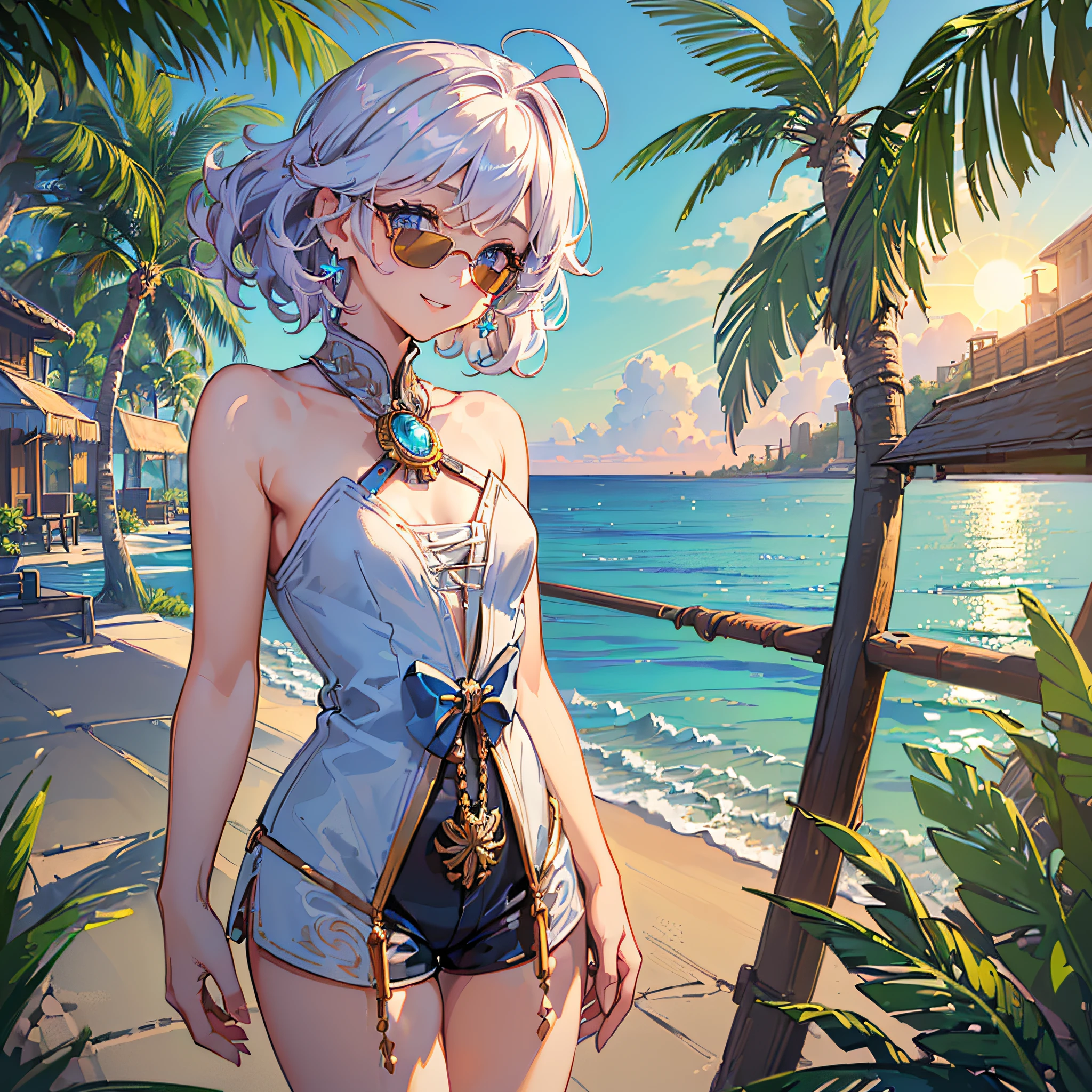 (((Masterpiece)), (((Highest Quality)), (((Very delicate and beautiful)), (Highly detailed CG Unity 8K wallpaper: 1.3), Very delicate light, (Backlight), (Steampunk),
/=、
(Cowboy Body)), (1 Loli: 1.3), Solo, (Petite), (Small), Neon Pink Sunglasses, Swimsuit, High Waist Shorts, White Hair, Blue Eyes, Earrings, (Wavy Curly Short Hair), (Ahoge), (Cute Face: 1.114), (Fine Eyes: 1.15), (Cute Face: 1.114)
, (beautiful fine eyes and beautiful face: 1.15),
The girl is smiling and looks happy in a beautiful tropical landscape. Behind her, the sun is setting, casting a warm glow on the scene, creating a dreamy atmosphere. In the distance, palm trees sway in the breeze, creating a leisurely retro atmosphere, such as sand, sun, beach, sea, horizon, etc.
Highly detailed ray tracing