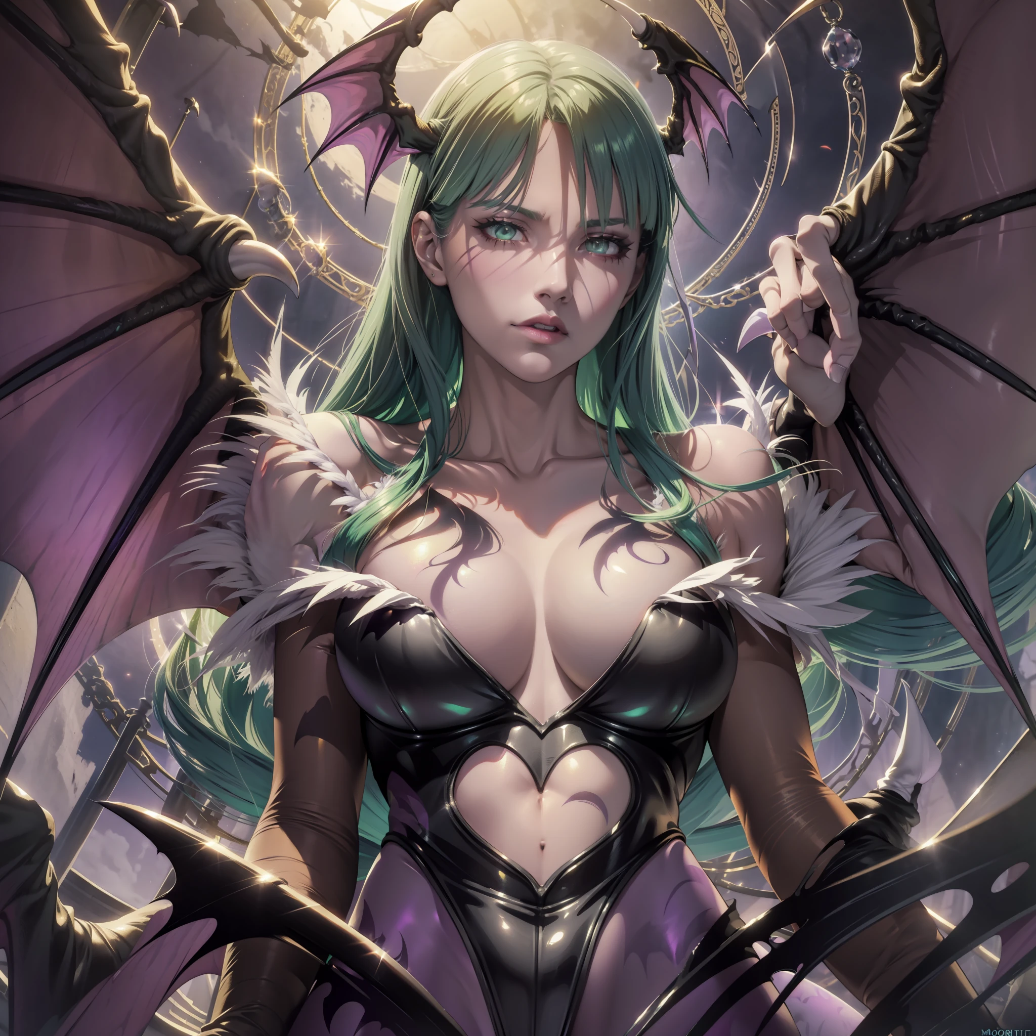 (Morrigan Aensland detailed line art, dark stalker), attractive expression, golden glowing eyes, dark eyeshadow, moonlight, symmetrical, (Dutch angle shot: 1.5) Digital painting, concept art, Borminetrik lighting, Tanvir Tamim, metal reflection, 2D rendering, 8k.