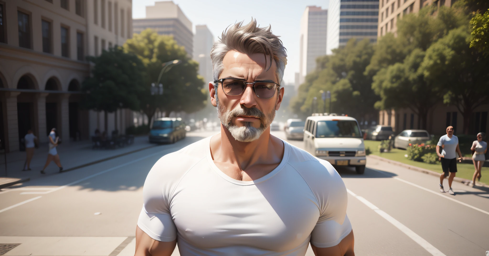 a 50-year-old man, athletic body in white T-shirt in a city park, 3D render, 3D characters, promotional render, , highly detailed characters, no gradients, , with fully detailed beardless faces