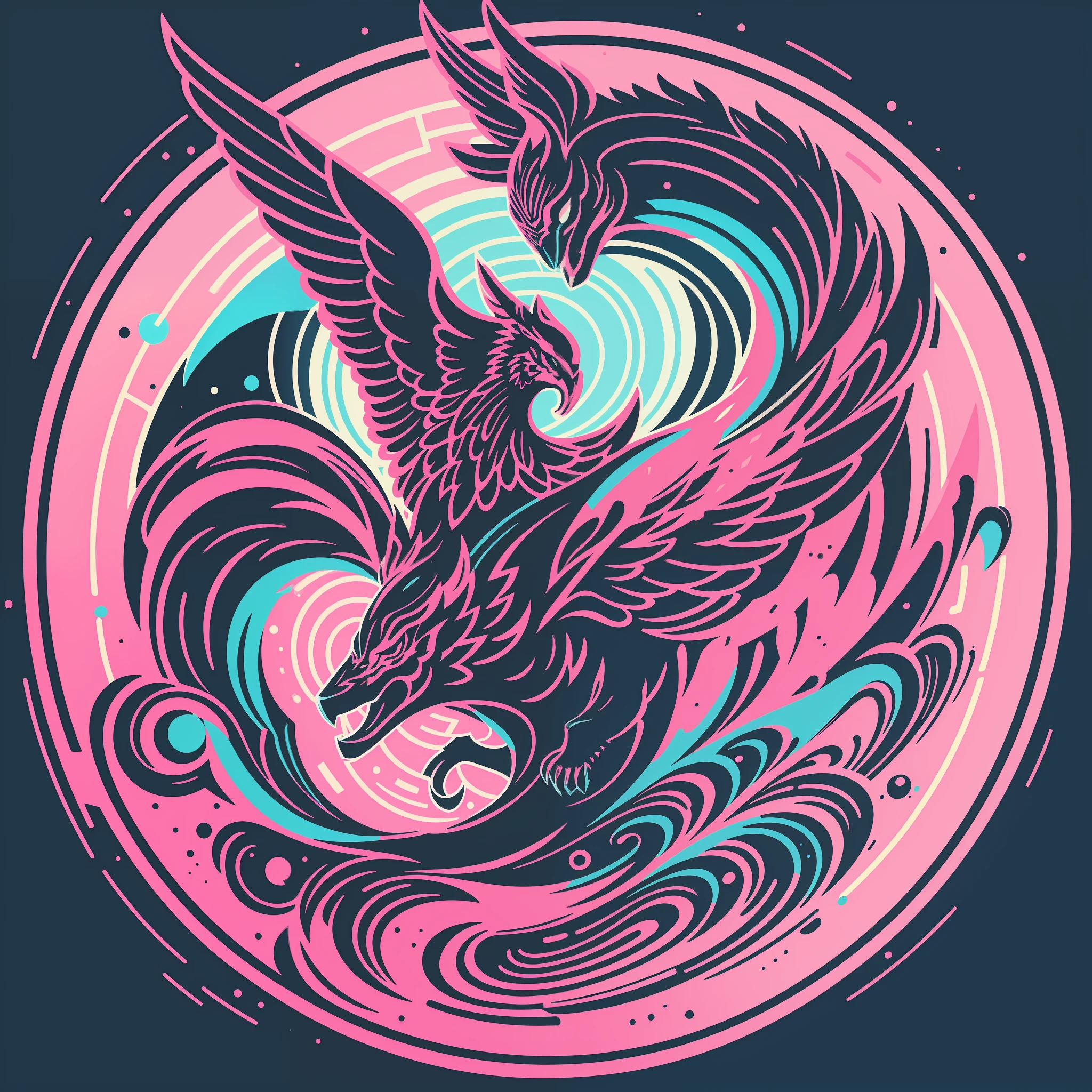 [Pink Dice] circular heraldic silhouette, logo masking style illustration, Dan Mumford, Greg Lutkowski, James Jean, black background, fantasy art, mysterious, realistic, majestic, rich vivid colors, high contrast, seamless water brand, art station, deviant art, dribbling, red bubble, Tee public, sharp focus, simple, hyper detail, detailed drawing, vectorization, outline, isometric style, 8k.