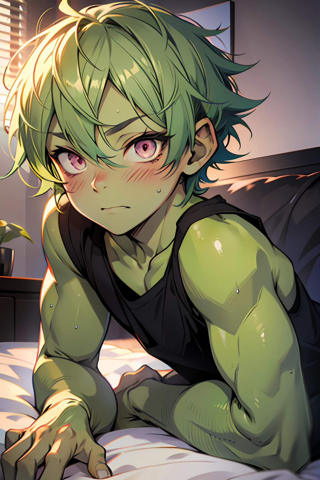 1 boy, young alien boy, messy short green hair and pink eyes, green skin, black shirt, blushing, in a bed