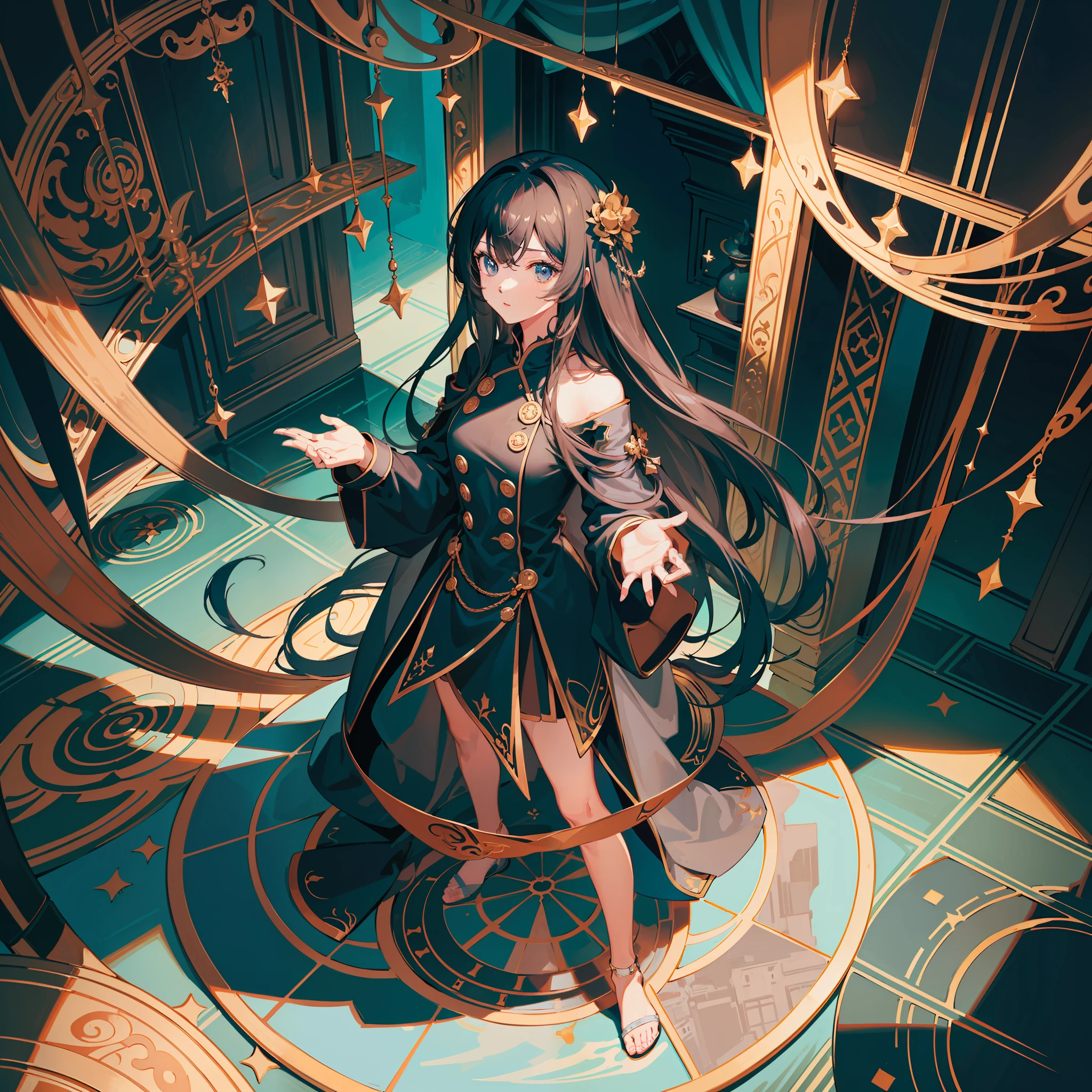 round image,(masterpiece:1.3), (the best quality:1.2), (super fine illustrations:1.2), (Masterpiece), high quality, high detail,(SOLO:1.4),((round image)),[(game character portrait:1.2):5], {1 girl},{solo},(((full body))),{{{only five fingers}}},long hair,whole body,look at viewer, from above,(hide hands:1.2),