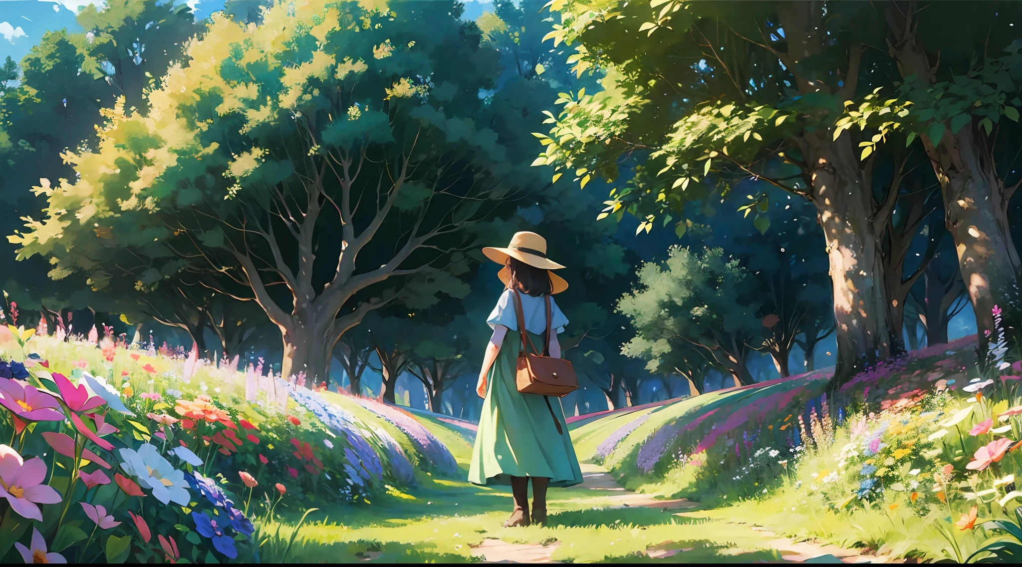 "(1girl:1.2) standing in a beautiful flower field, surrounded by an enchanting and magical atmosphere with Ghibli-like colors. The scene is captured from a low angle and from behind, showcasing the super detailed artwork."