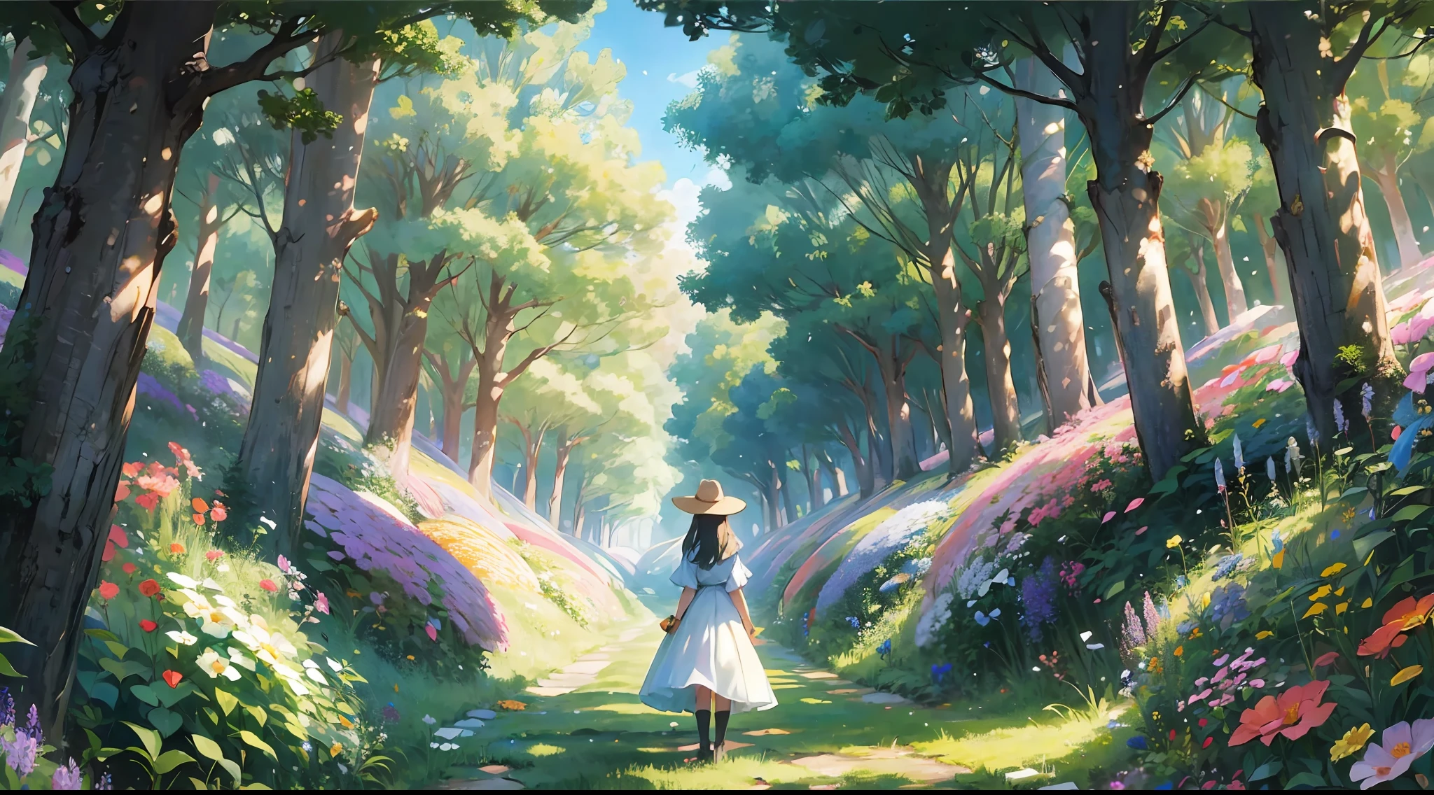 "(1girl:1.2) standing in a beautiful flower field, surrounded by an enchanting and magical atmosphere with Ghibli-like colors. The scene is captured from a low angle and from behind, showcasing the super detailed artwork."