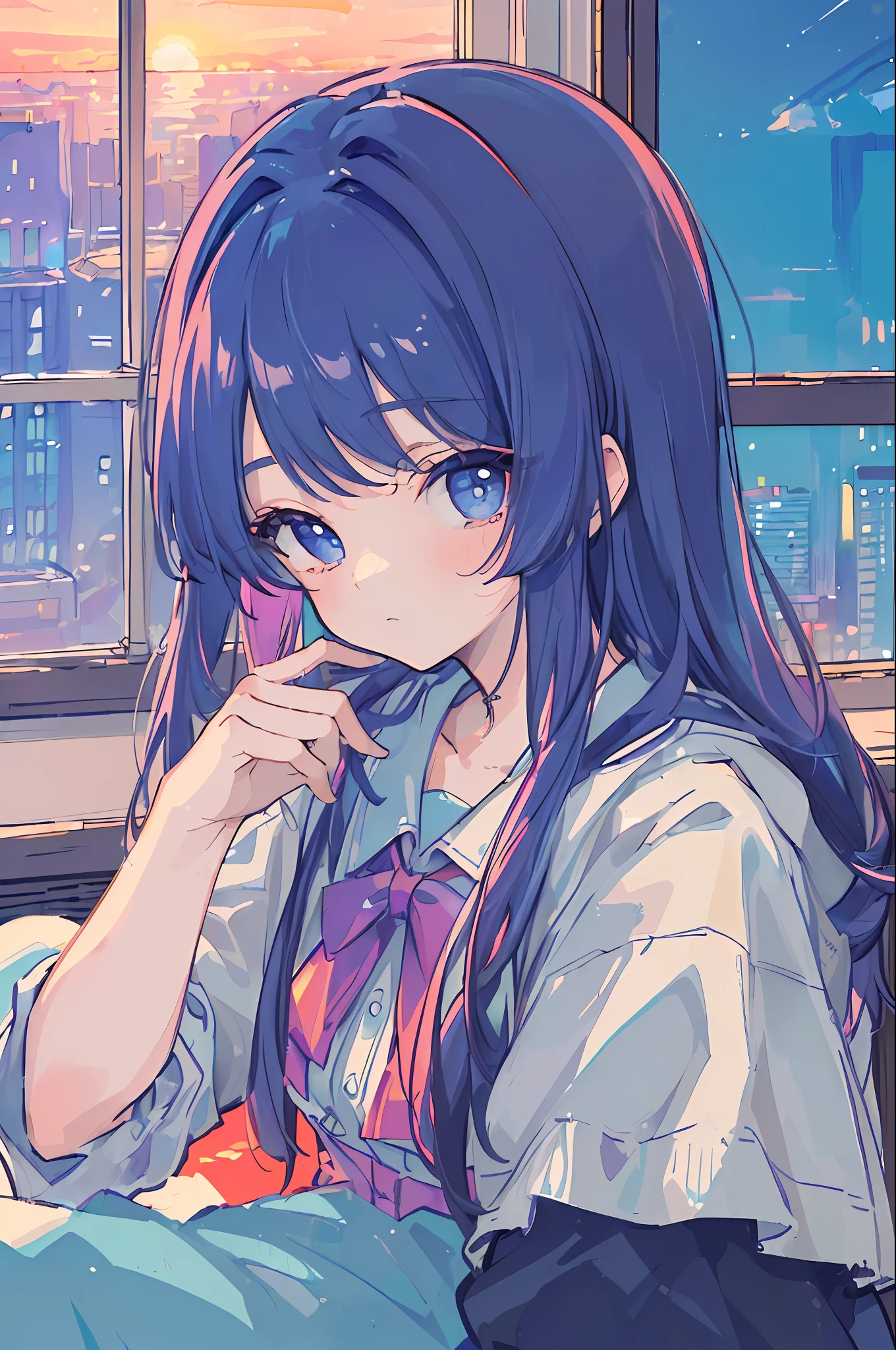 (masterpiece:1.5, best quality:1.5), ((VaporWave style, partially coloring)), close-up, from above, cinematic angle, 1girl, Look tired, long_hair, solo, in bedroom, dolls were in a mess, decadent life, pole outside the window, sunset outside the window, street outside the window, the sunset outside the window,blue sky hair