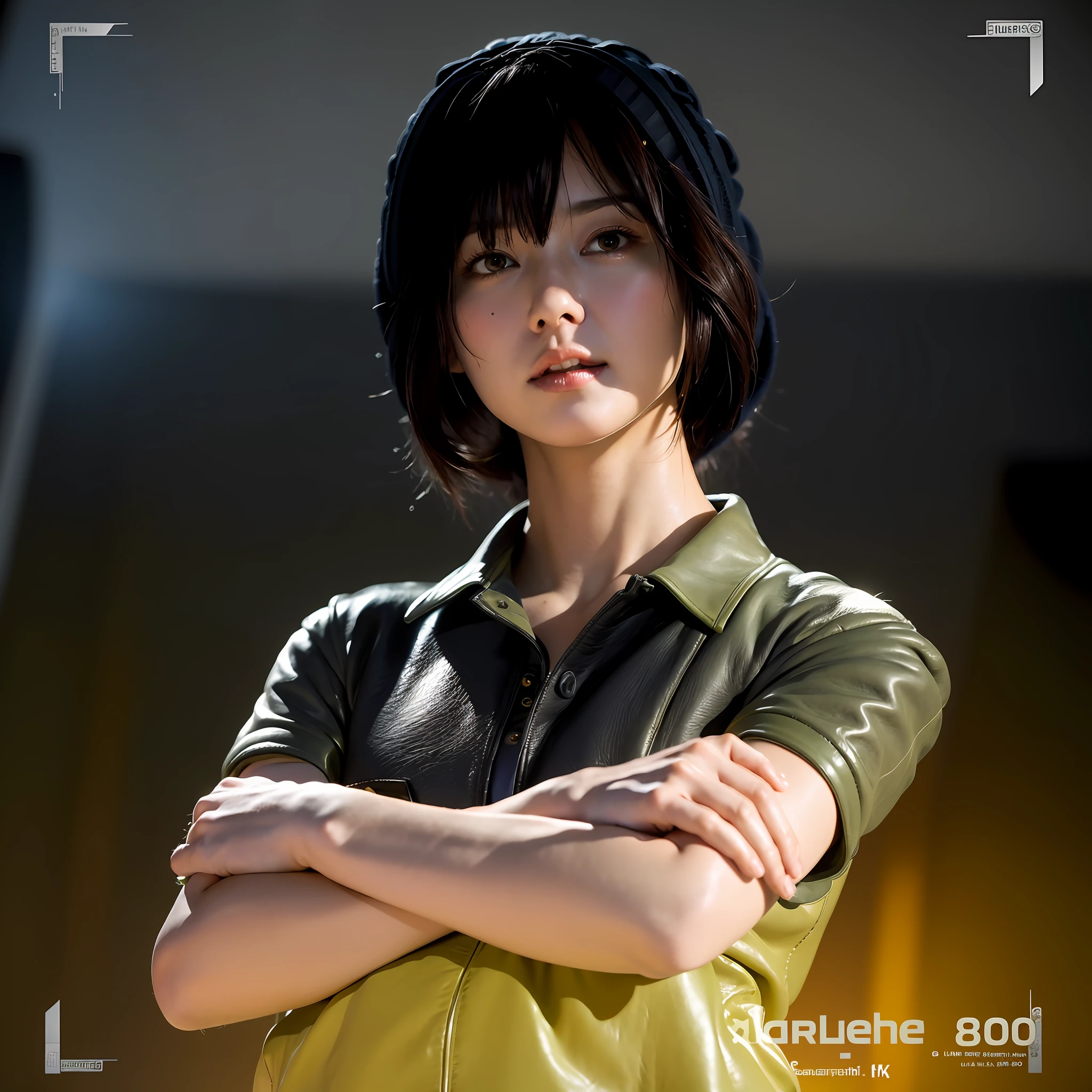 Huge breasts,((8k:1.27), best quality, masterpiece, ultra highres:1.2) Photo of Pretty Japanese woman
(beautiful:1.1) (sci-fi warrior woman:1.1) space soldier, (beanie:1.61) (leather jacket:1.21) intricate elegant, fantasy, detailed, ometric by greg rutkowski and alphonse mucha, gradient lighting