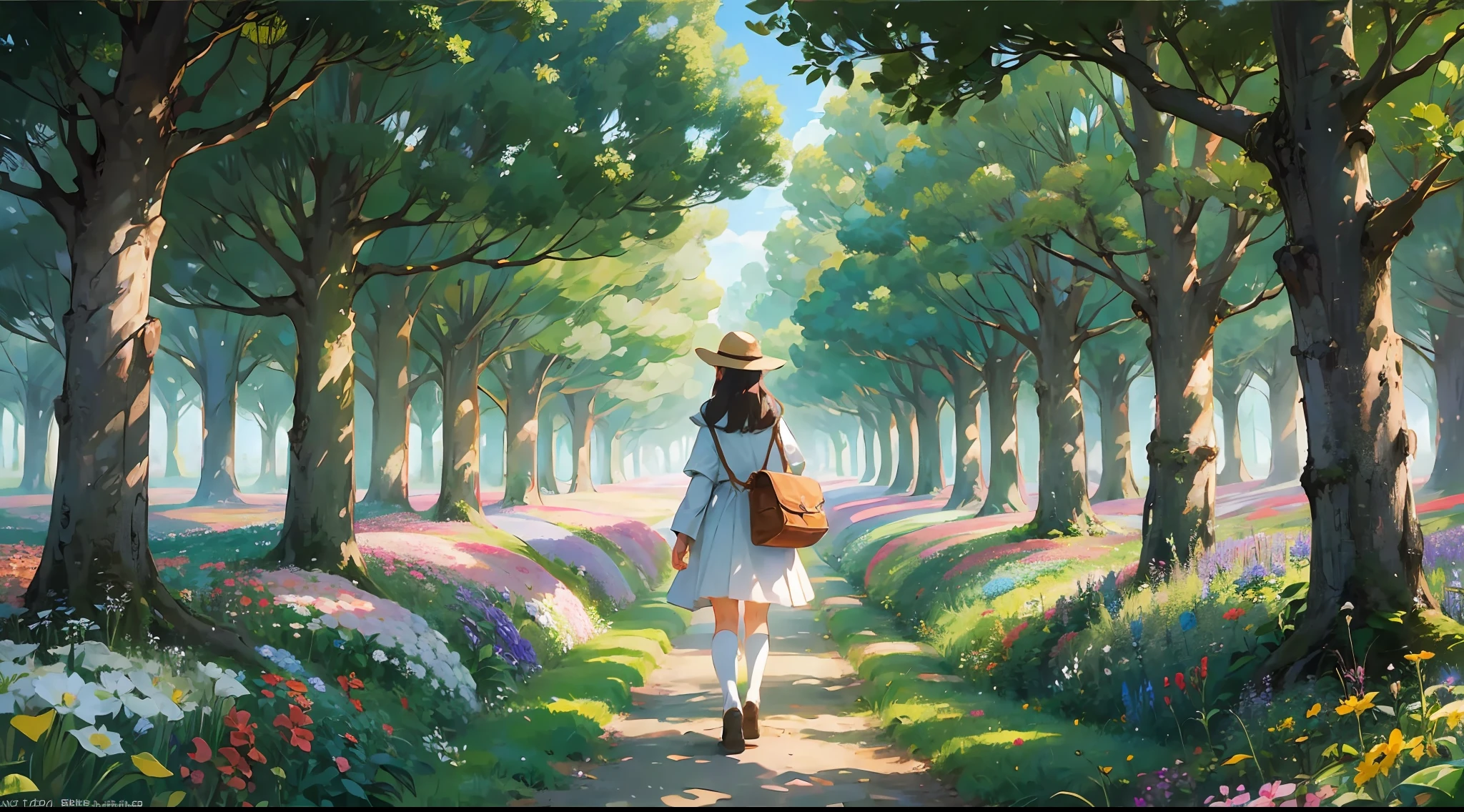 "(1girl:1.2) standing in a beautiful flower field, surrounded by an enchanting and magical atmosphere with Ghibli-like colors. The scene is captured from a low angle and from behind, showcasing the super detailed artwork."
