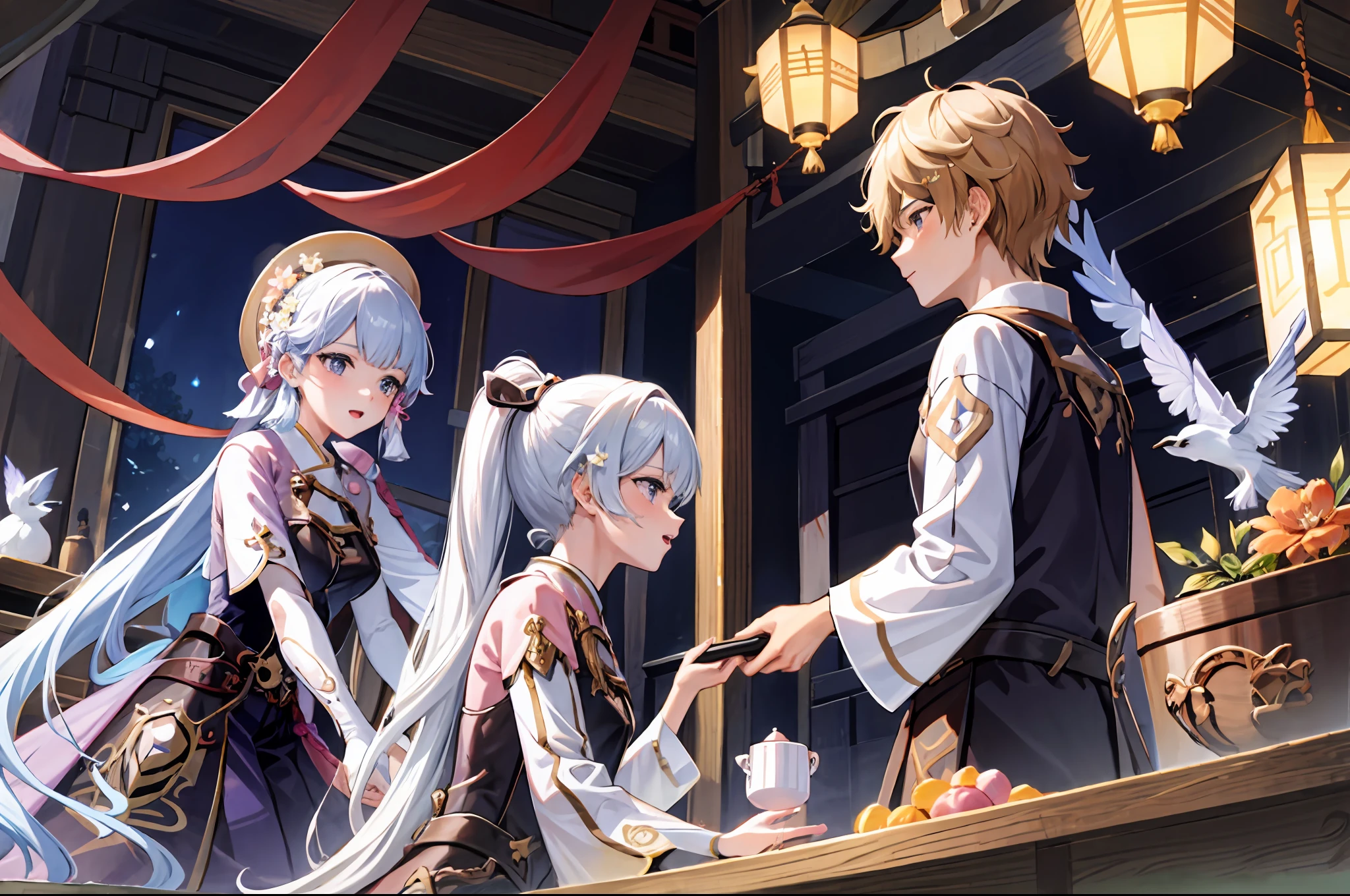(A girl rides on a boy's,)(hanfu), [redwood carved bed, anime couple, aether and ayaka anime couple (masterpiece:1.3), best quality, official art, mandarin ducks pattern, embroidered silk sheets, pink color, peonies, butterflies, brocade pillows, flower and bird patterns, luxurious brocade quilt, rich red color, gold-threaded phoenixes, cloud patterns, silk tassels, carved redwood wardrobe, plum, orchid, bamboo, chrysanthemum flowers, silk dresses, long gowns, skirts, jackets, cloaks, emerald green, peach pink, violet, redwood dressing table, mirror, metal border, pearls, gemstones, gold and silver earrings, jade bracelets, jadeite necklaces, hairpins, pearl-inlaid comb, powder boxes, rouge boxes, sachets, inkstone, brushes, ink sticks, paper, poetry collections, painting albums, peonies, hanging orchids, butterfly orchids, camellias, Chinese painting, landscape, embroidered tapestry, peaches of immortality, magpies, porcelain vases, lady portraits, jade ornaments, jade rabbits, jade Ruyi, palace lantern, flower and bird patterns, warm light], gigantic breasts,  best quality, aether yellow hair\(genshin impact\), kamisato_ayaka (flawless radiance) , official costume, ayaka hair ornament,cowboy shot,ponytail, blunt bangs,blue eyes, smile, closed mouth, eyebrows visible through hair, long hair, silver hair, big breasts,