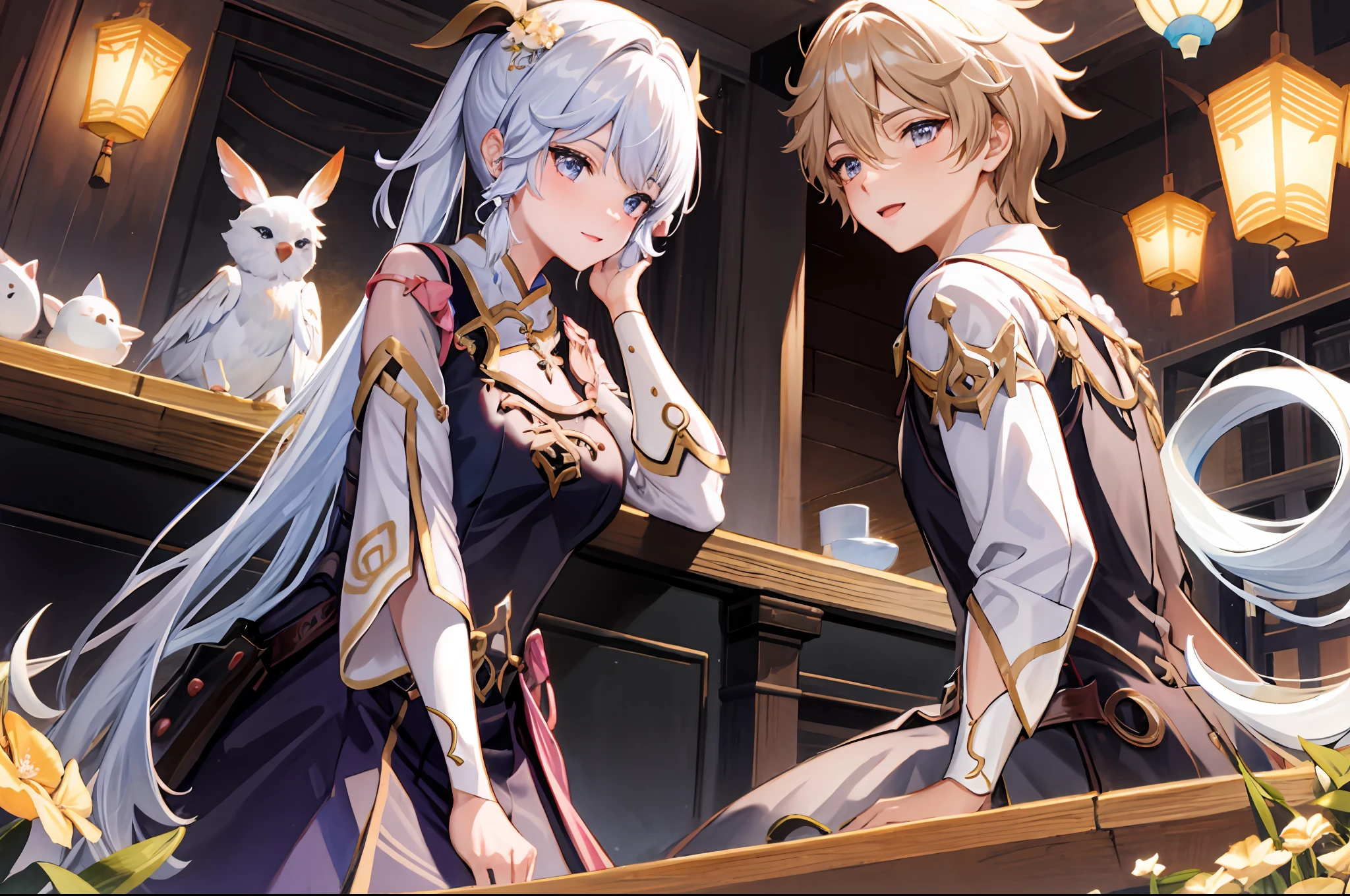 (A girl rides on a boy's,)(hanfu), [redwood carved bed, anime couple, aether and ayaka anime couple (masterpiece:1.3), best quality, official art, mandarin ducks pattern, embroidered silk sheets, pink color, peonies, butterflies, brocade pillows, flower and bird patterns, luxurious brocade quilt, rich red color, gold-threaded phoenixes, cloud patterns, silk tassels, carved redwood wardrobe, plum, orchid, bamboo, chrysanthemum flowers, silk dresses, long gowns, skirts, jackets, cloaks, emerald green, peach pink, violet, redwood dressing table, mirror, metal border, pearls, gemstones, gold and silver earrings, jade bracelets, jadeite necklaces, hairpins, pearl-inlaid comb, powder boxes, rouge boxes, sachets, inkstone, brushes, ink sticks, paper, poetry collections, painting albums, peonies, hanging orchids, butterfly orchids, camellias, Chinese painting, landscape, embroidered tapestry, peaches of immortality, magpies, porcelain vases, lady portraits, jade ornaments, jade rabbits, jade Ruyi, palace lantern, flower and bird patterns, warm light], gigantic breasts,  best quality, aether yellow hair\(genshin impact\), kamisato_ayaka (flawless radiance) , official costume, ayaka hair ornament,cowboy shot,ponytail, blunt bangs,blue eyes, smile, closed mouth, eyebrows visible through hair, long hair, silver hair, big breasts,