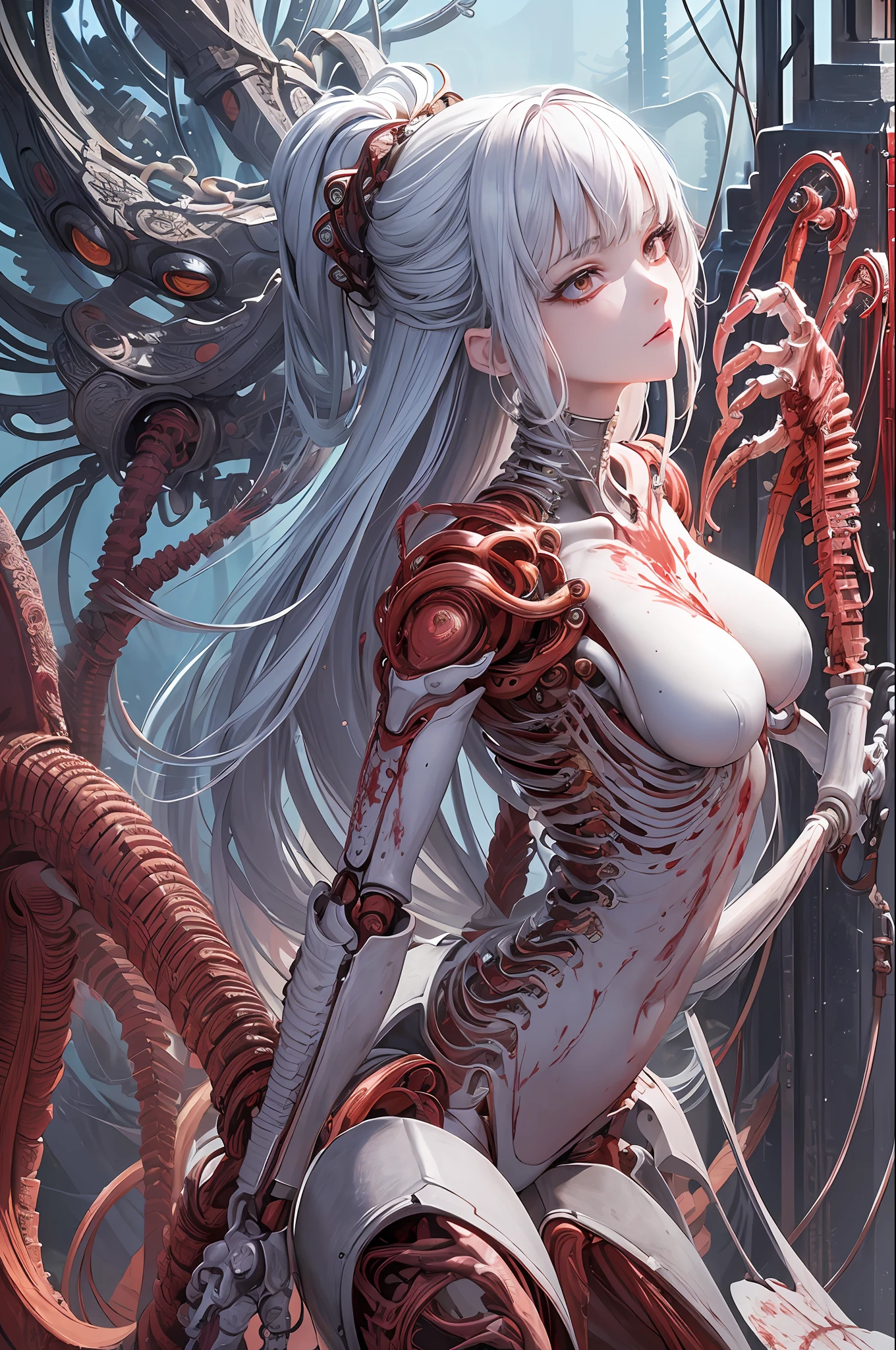 (masterpiece, top quality, best quality, official art, beautiful and aesthetic:1.2), (1girl:1.3), extreme detailed,colorful,highest detailed ((ultra-detailed)), (highly detailed CG illustration), ((an extremely delicate and beautiful)),(from side),cinematic light,((1mechanical girl)),solo,full body,(machine made joints:1.2),((machanical limbs)),(blood vessels connected to tubes),(mechanical vertebra attaching to back),((mechanical cervial attaching to neck)),(sitting),expressionless,(wires and cables attaching to neck:1.2),(wires and cables on head:1.2)(character focus),science fiction,white background,(blood:1.5)